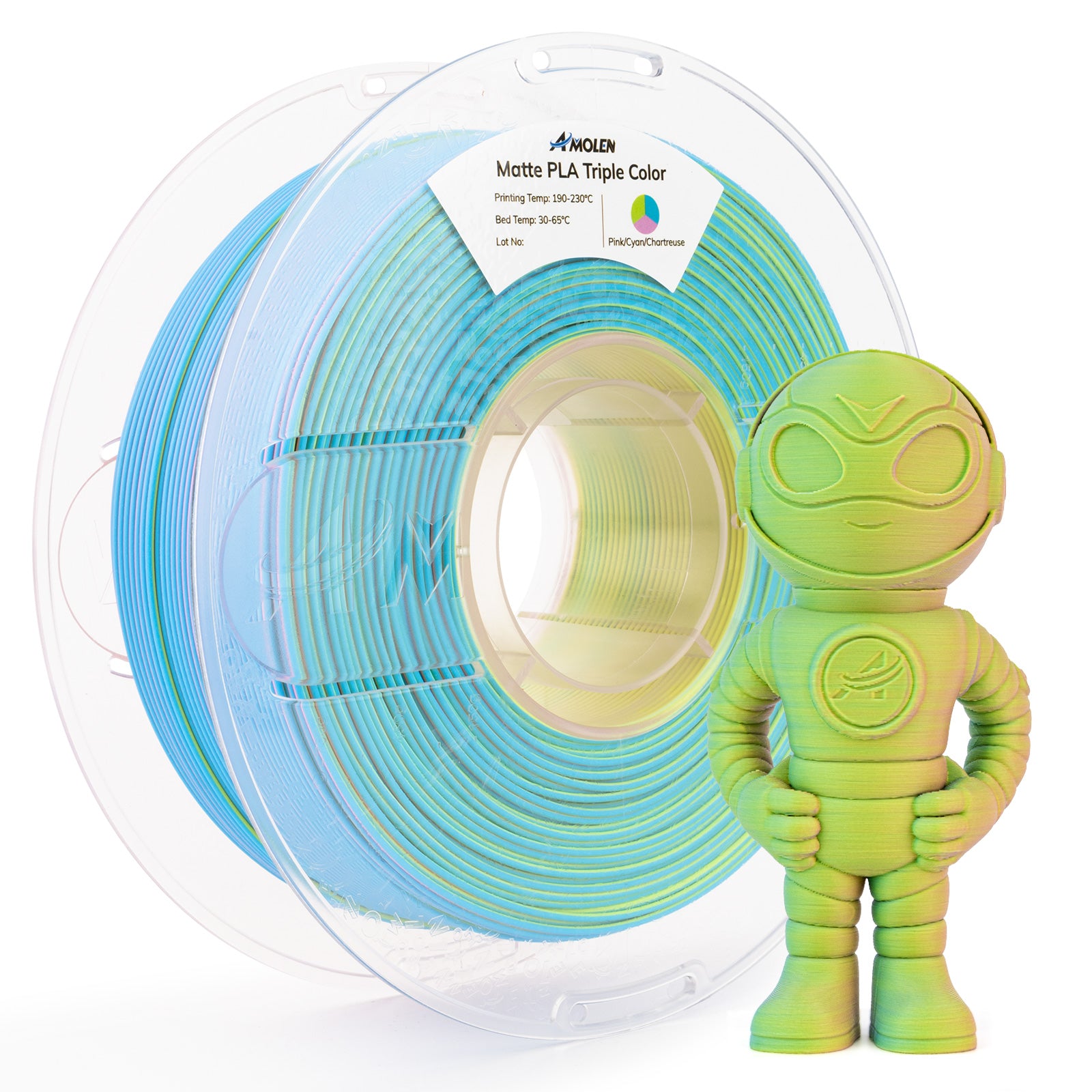 Amolen Matte PLA Triple Color filament spool with 3D-printed robot model, Pink/Cyan/Chartreuse color.