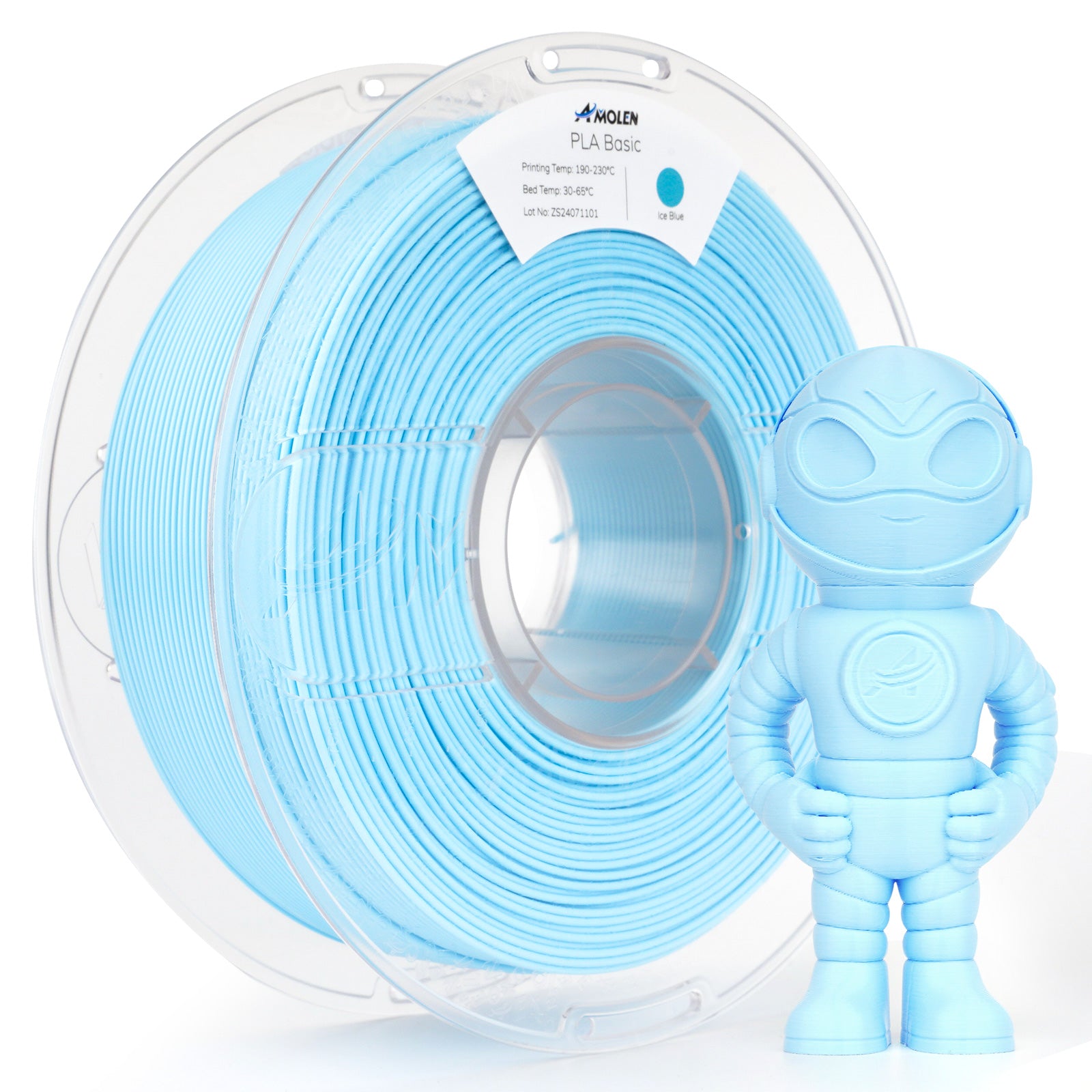 Amolen PLA Basic Ice Blue filament spool with a 3D-printed robot; printing material for high-speed.