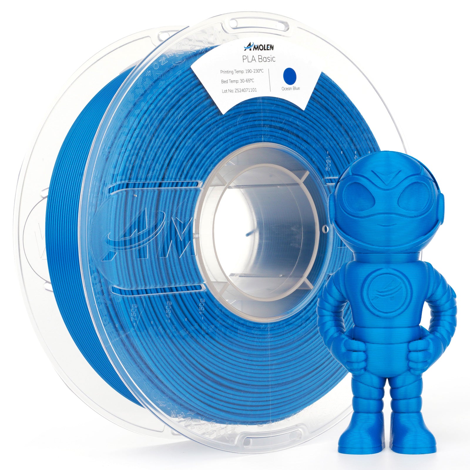 Amolen PLA Basic Ocean Blue filament and 3D-printed robot, high-speed 3D printing material