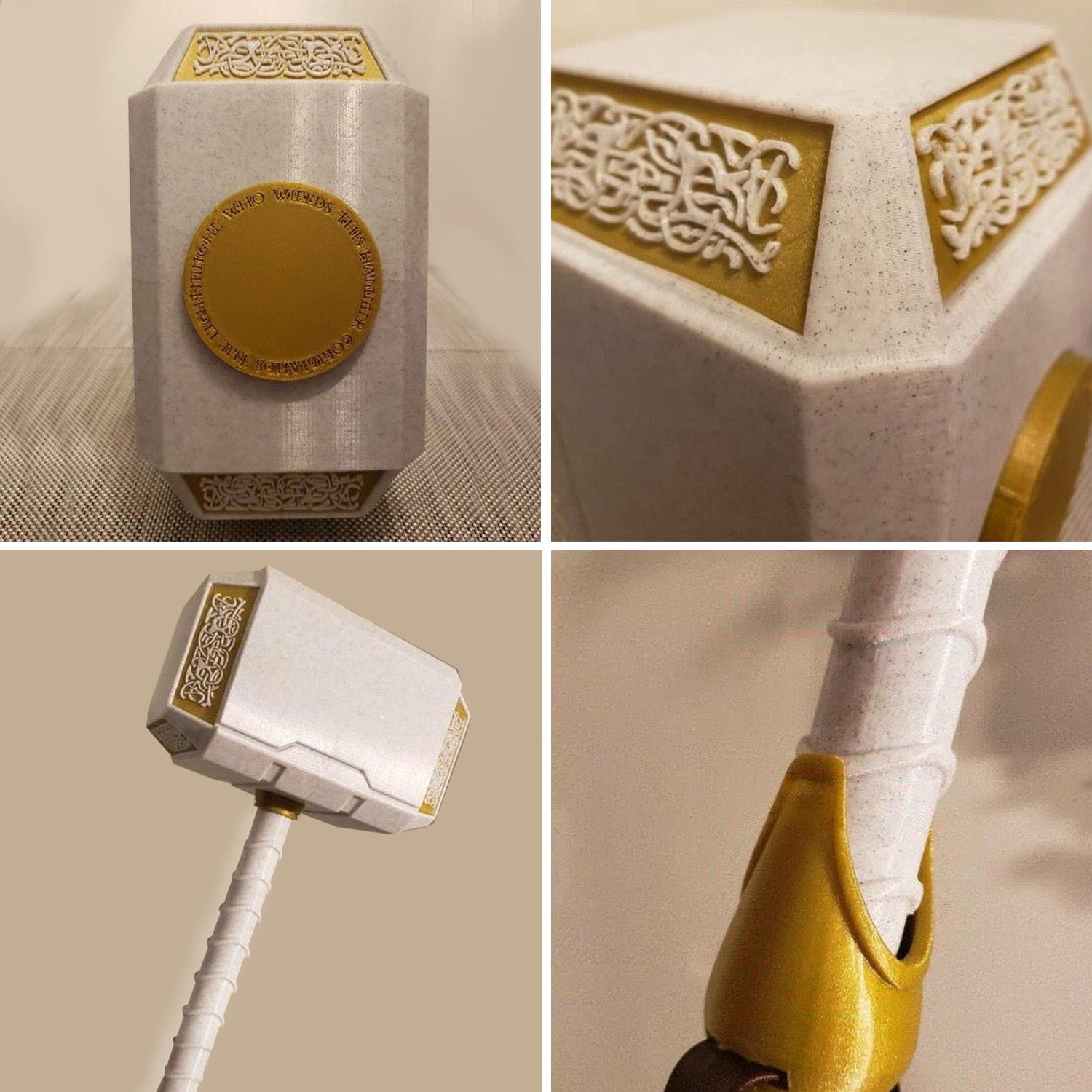 3D printed Mjolnir hammer with marble texture PLA, engraved details, ideal for 3D printing projects. White and gold design.