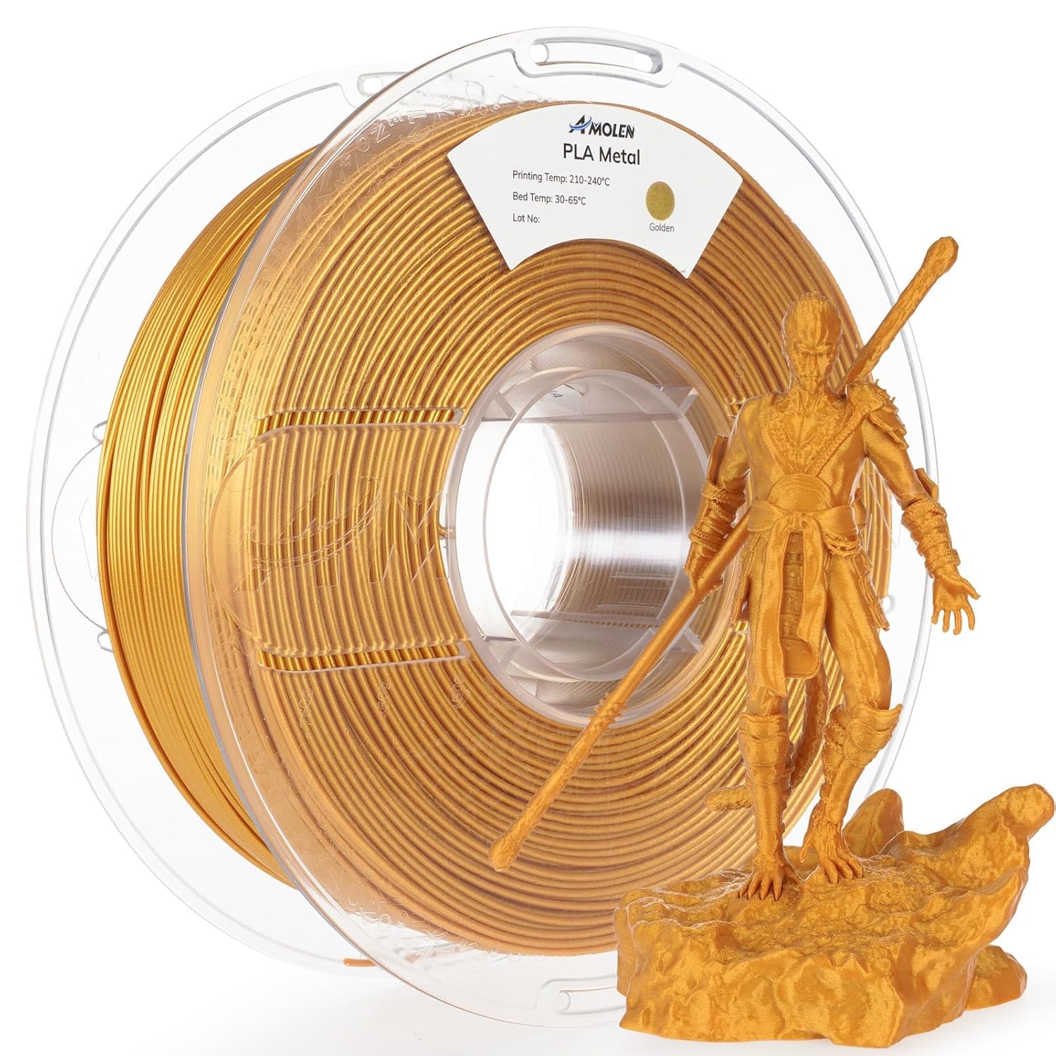 Amolen PLA Metal Golden filament spool and 3D-printed figure, high-speed printing material