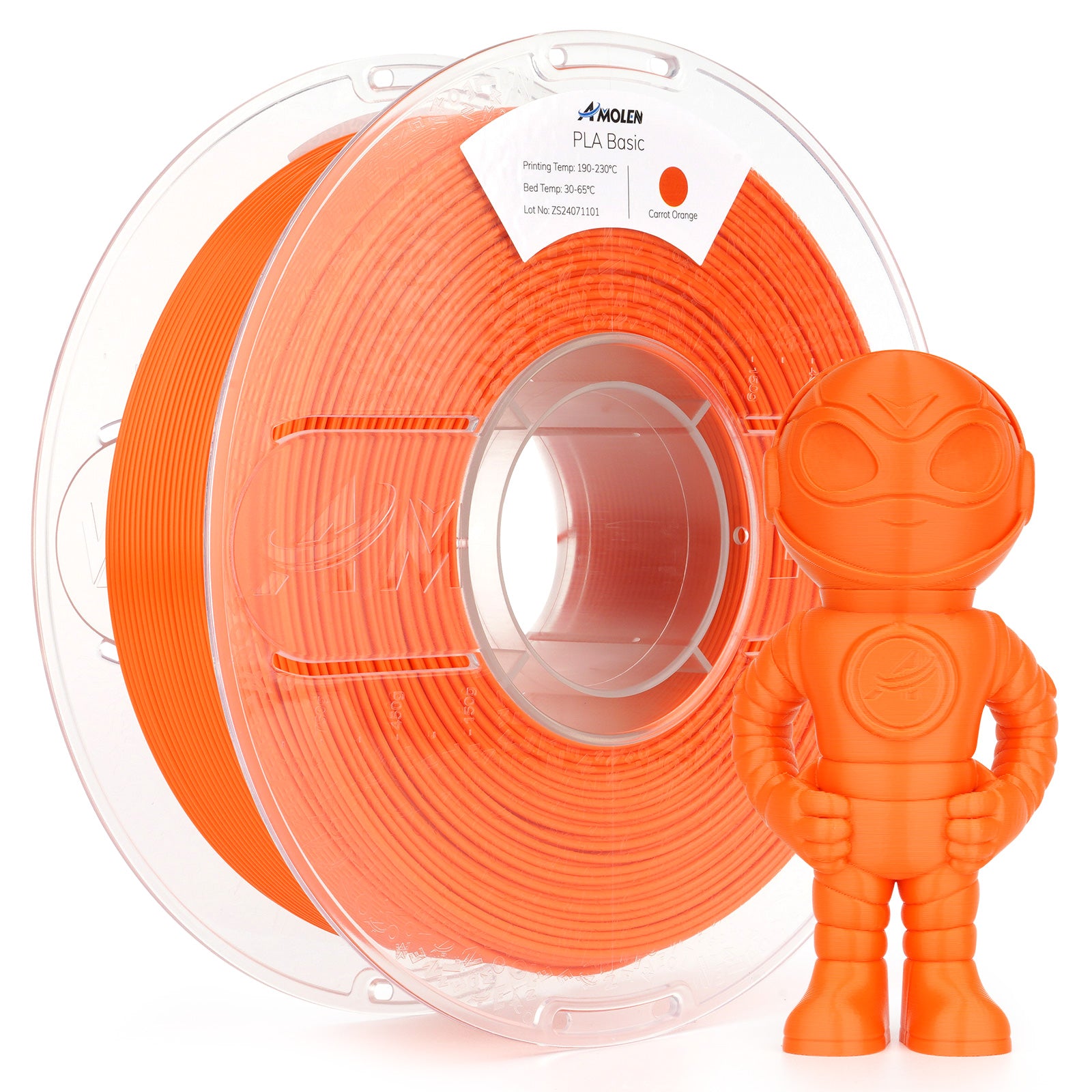 Amolen PLA Basic Carrot Orange filament spool and 3D printed figure, for high-speed printing, 1.75mm