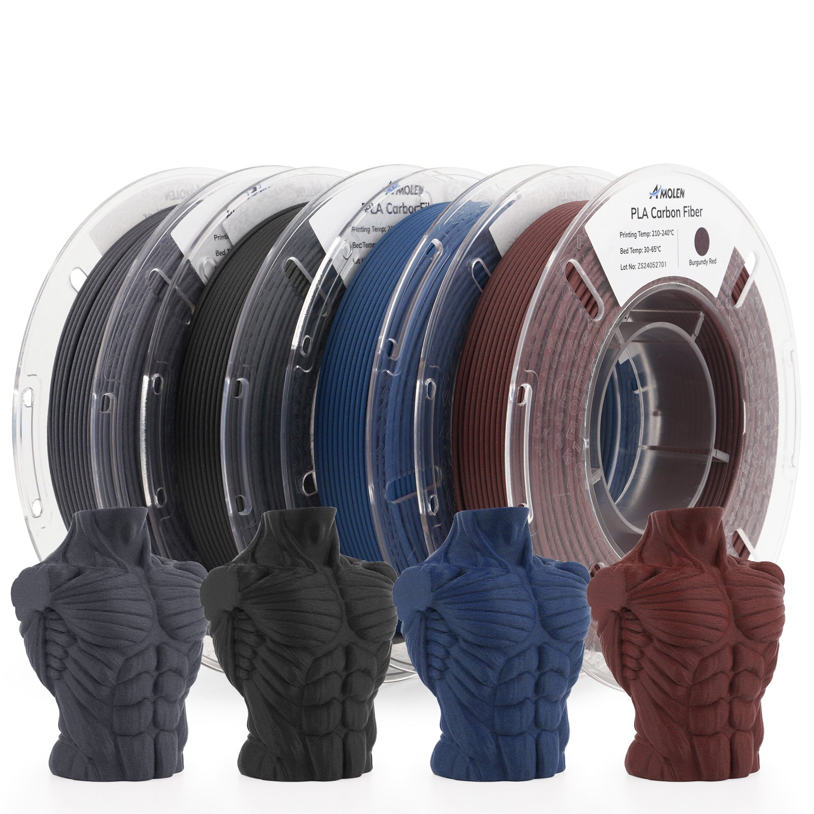PLA Carbon Fiber filament variety pack by Amolen with gray, black, blue, and burgundy red samples.