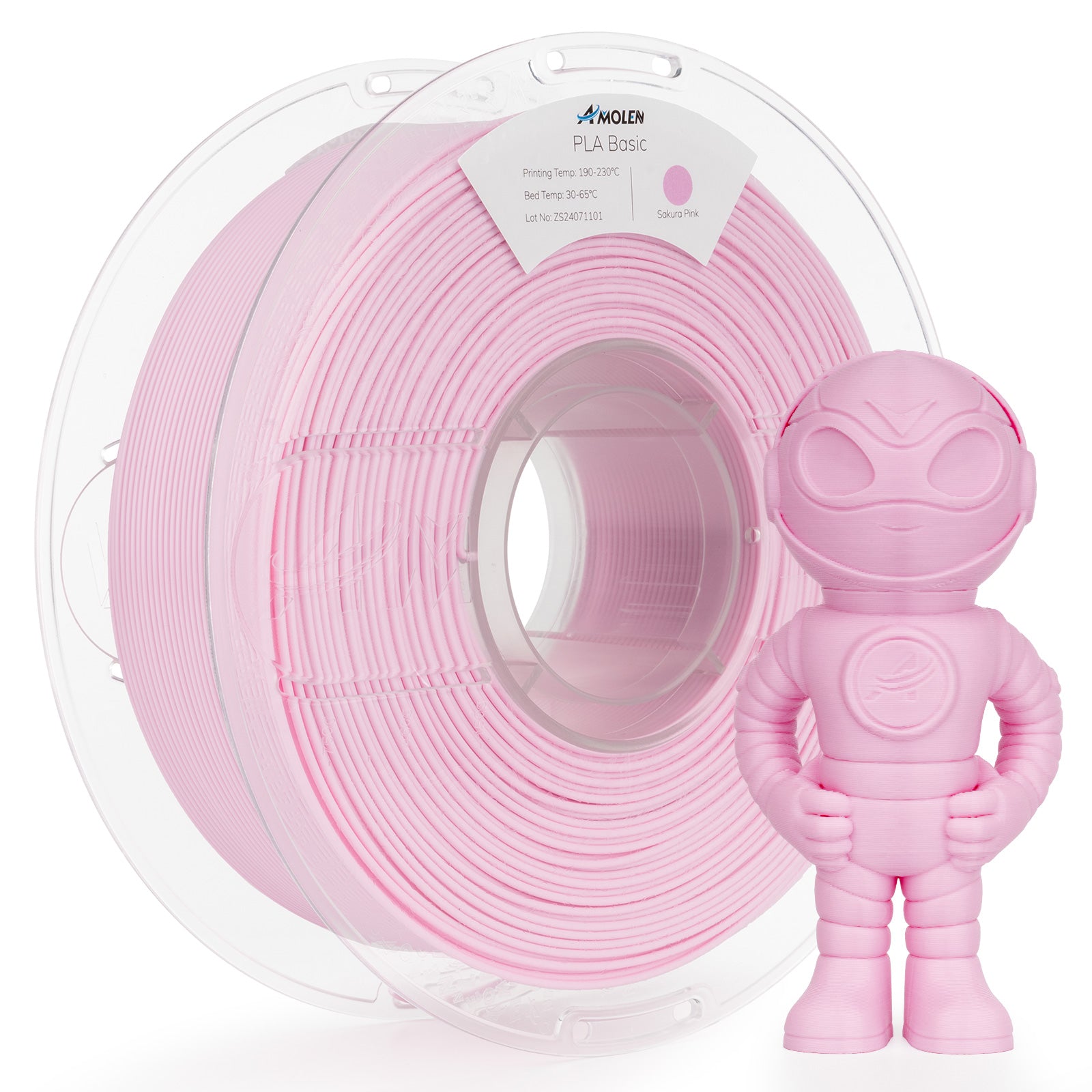 Amolen PLA Basic Sakura Pink filament spool with a 3D-printed figure; high-speed printing material.