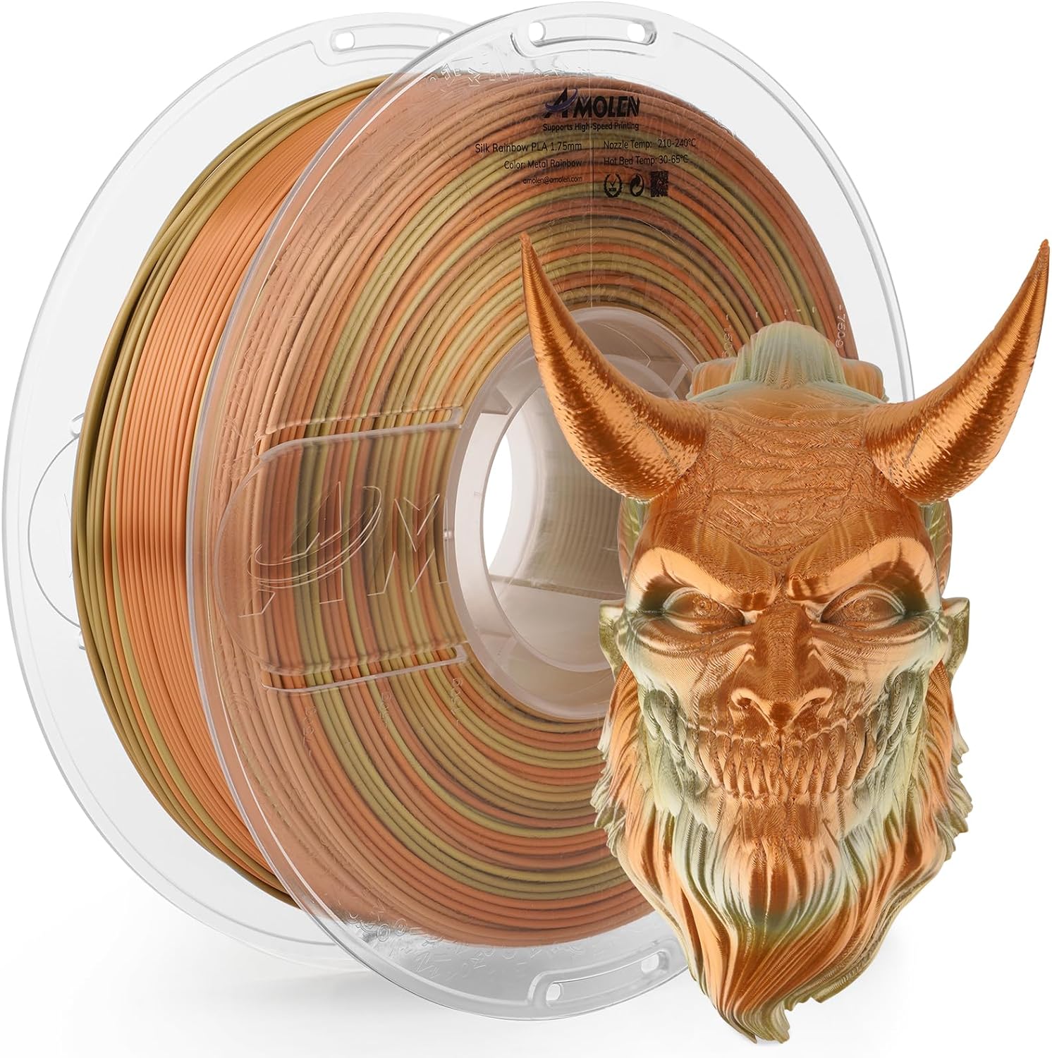 Amolen Silk Rainbow PLA 1.75mm filament and 3D-printed demon head, vibrant color gradient, high-speed printing