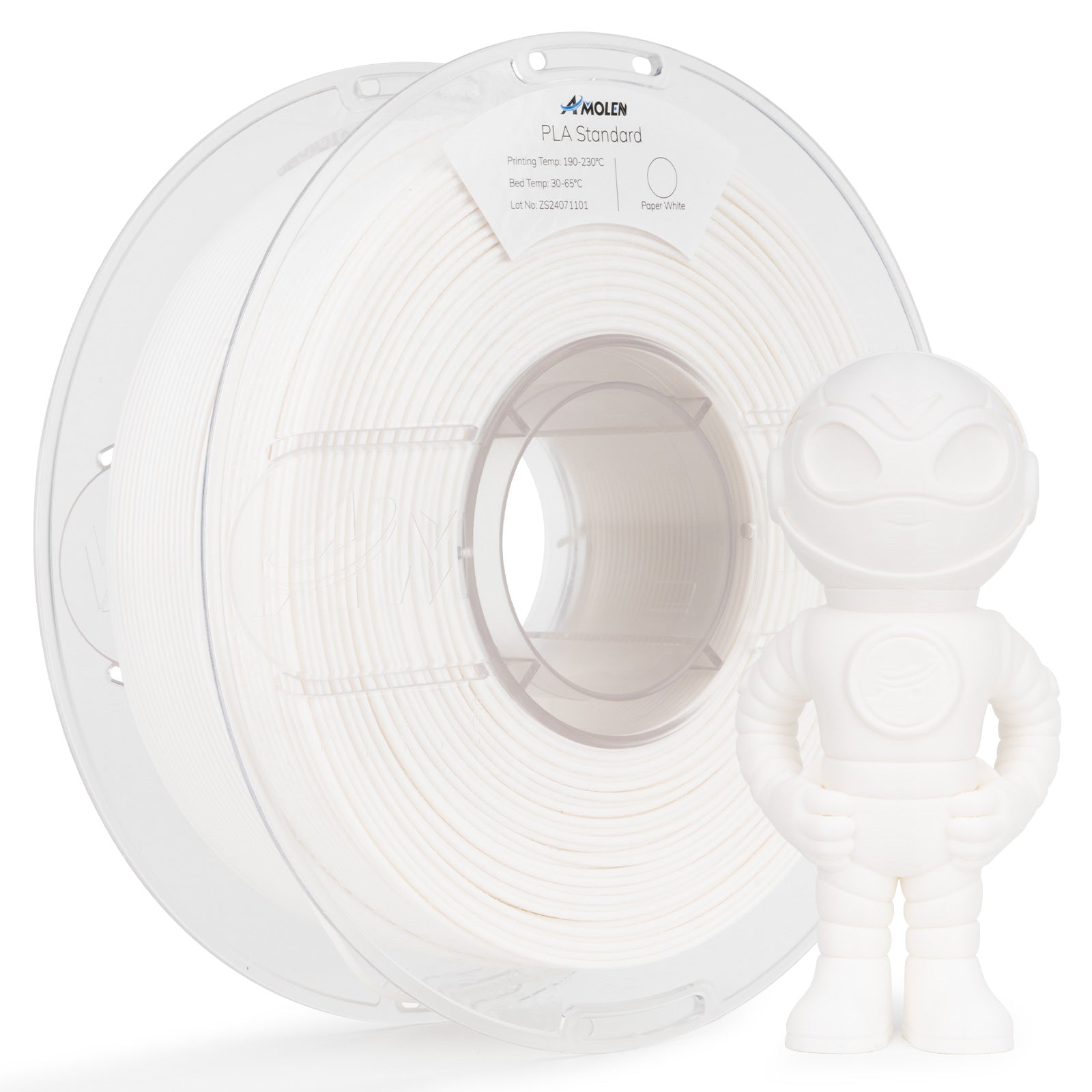 Amolen PLA Standard 3D printer filament in Paper White, 1.75mm, 1 KG for high-speed printing; with a white 3D-printed figure.