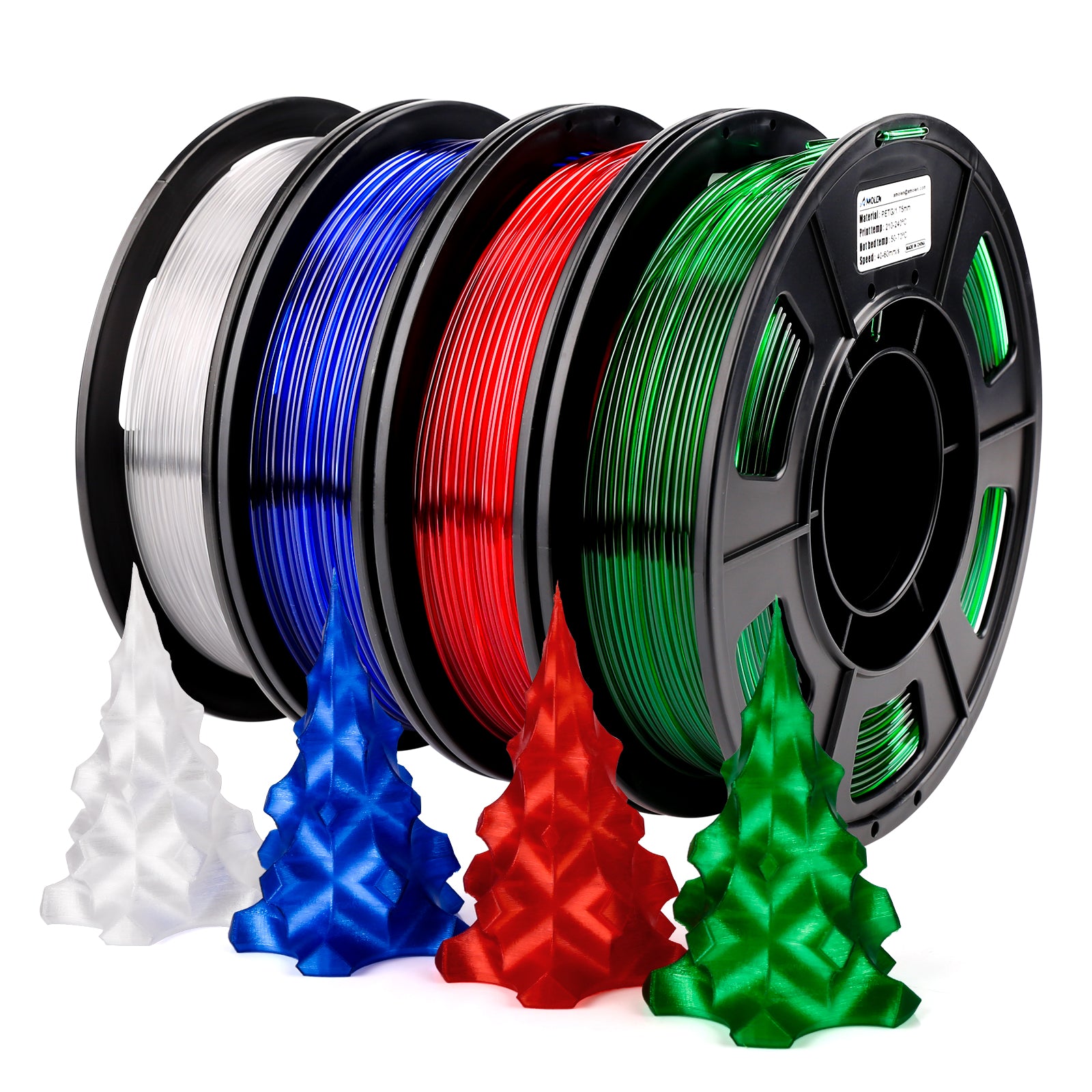 Amolen PETG transparent filaments variety pack. 3D printed Christmas trees in white, blue, red, and green.