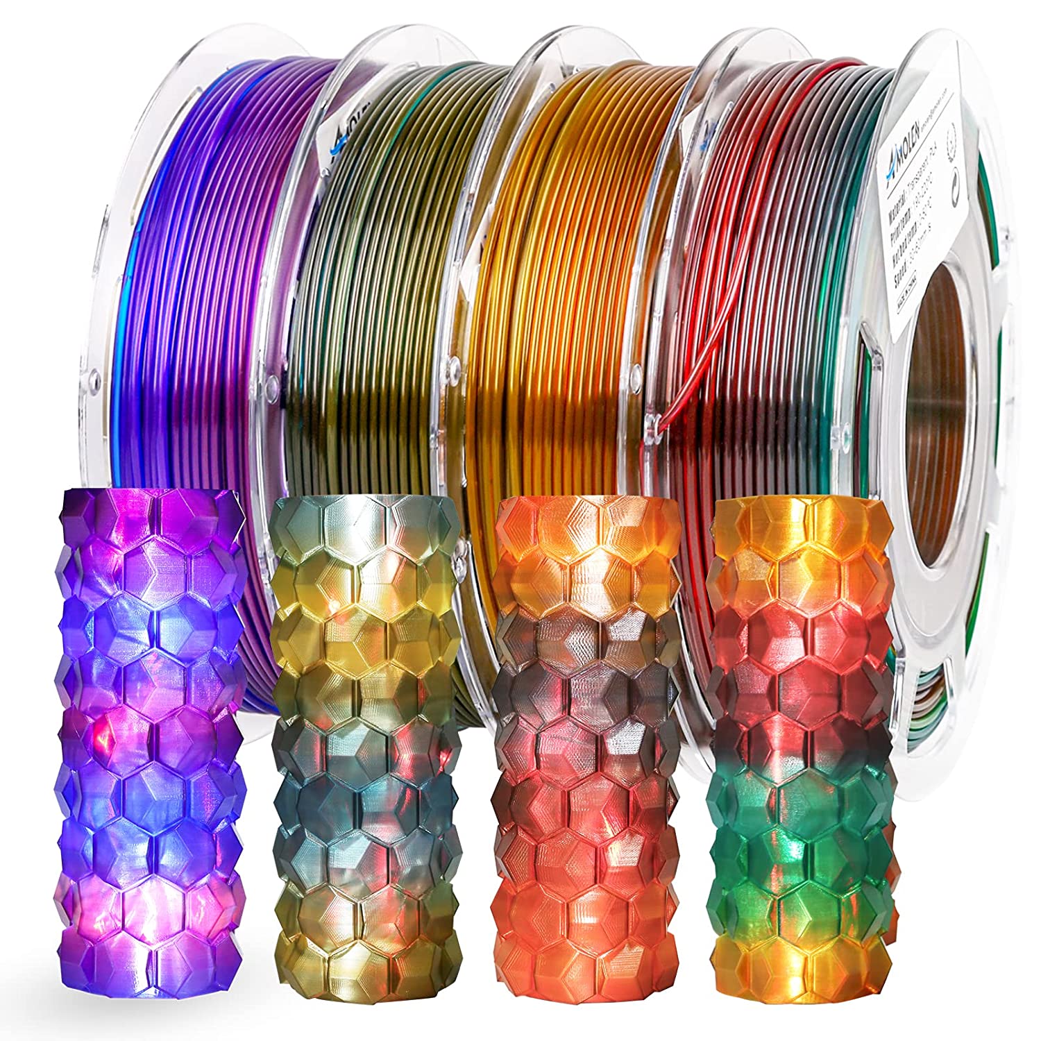 Amolen PLA Gradient filament variety pack: 3D printed models demonstrate color gradients and light effects.