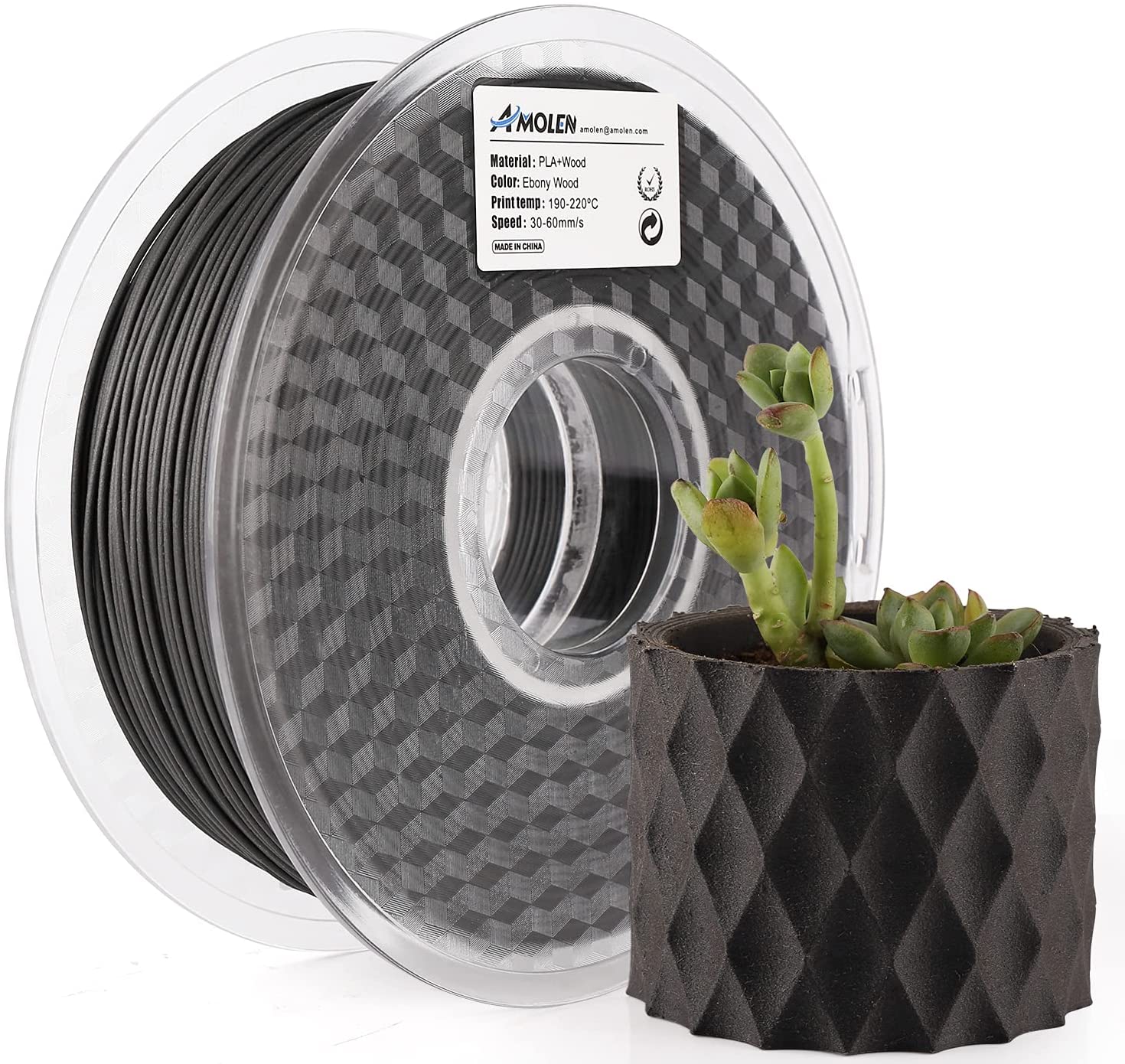 Amolen Ebony Wood PLA 1.75mm filament spool and 3D printed pot with succulent plants, PLA+Wood material, wood texture.