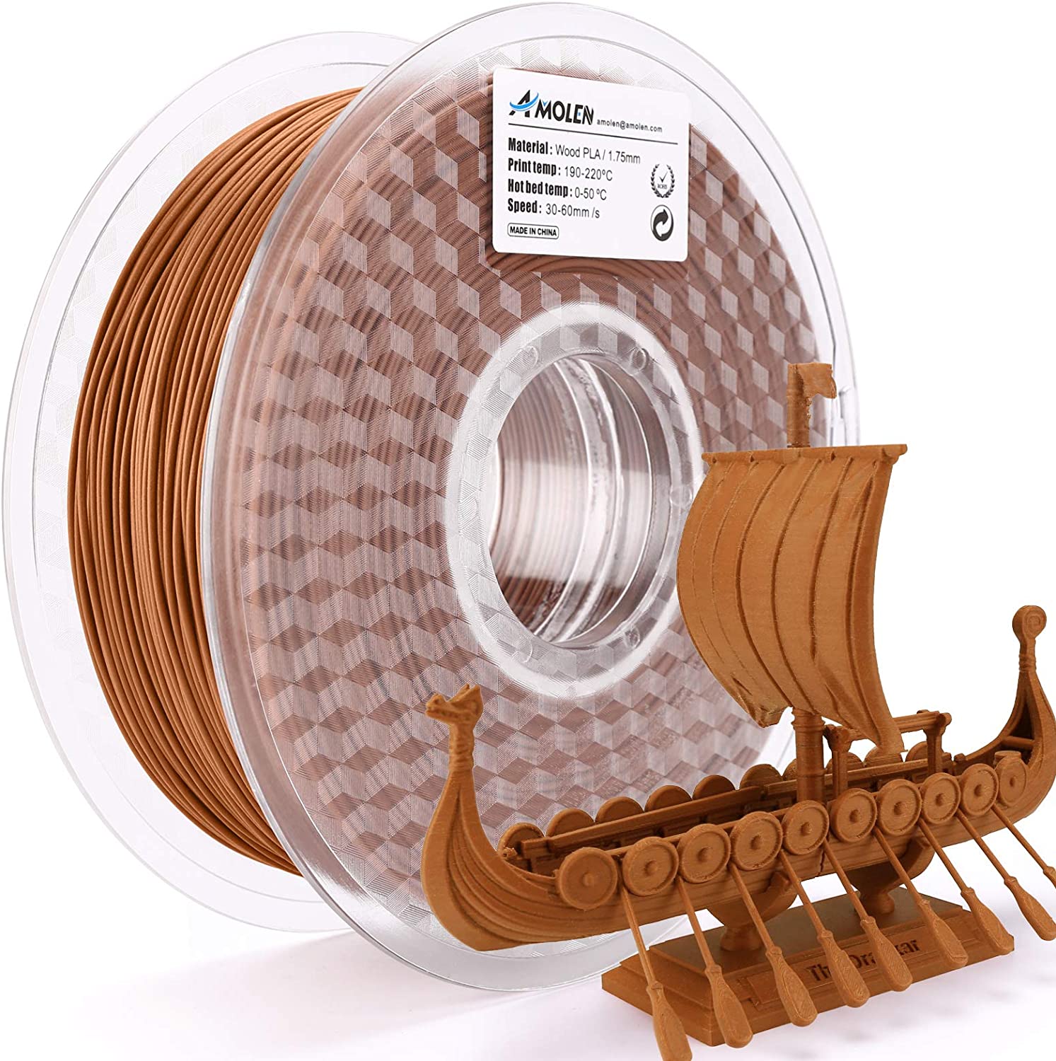 Amolen Wood PLA 1.75mm filament with 3D printed Viking ship model, perfect wood texture, high-speed printing