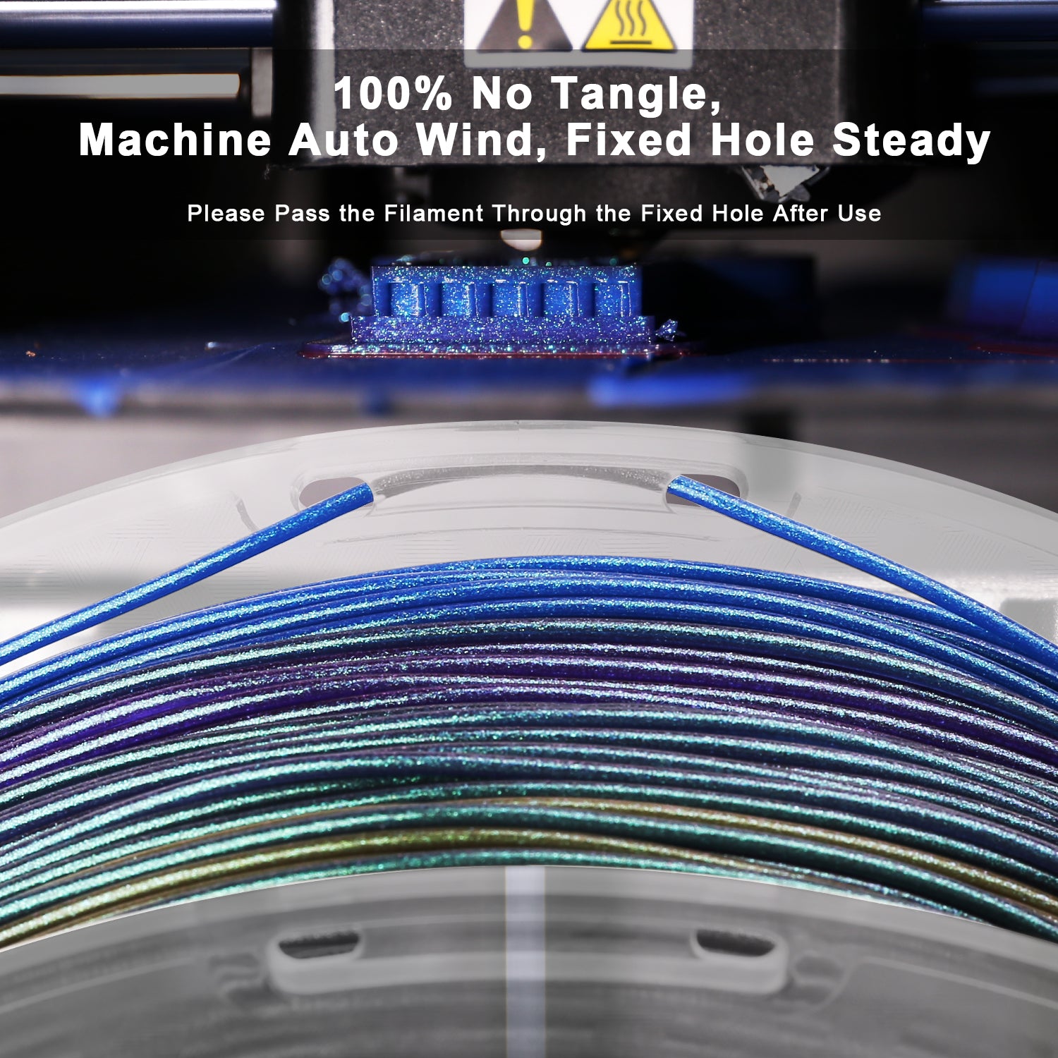 Amolen Galaxy PLA filament, color-changing and tangle-free, with auto-wind feature, showcased in 3D printing.
