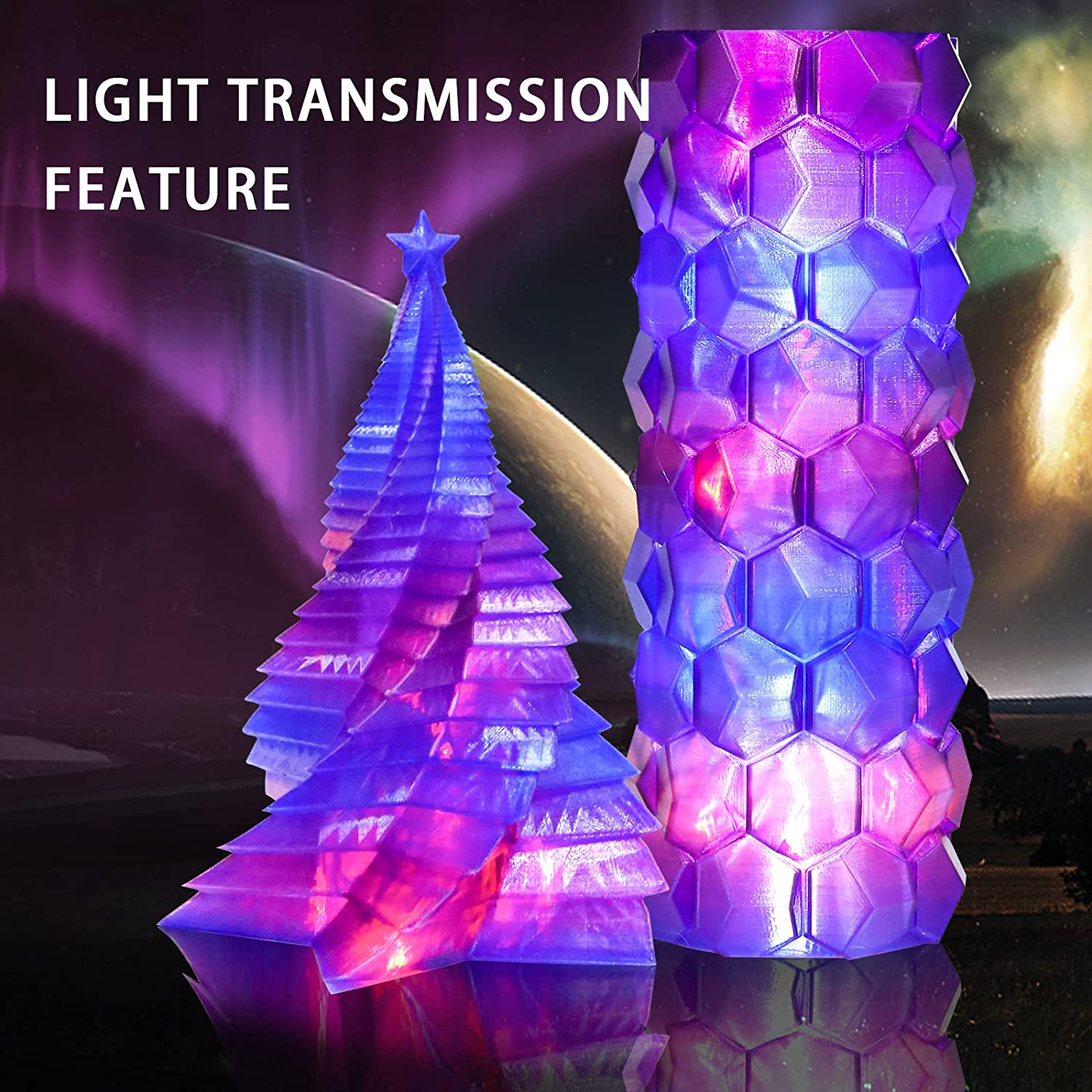 Amolen PLA Transparent Gradient filament 3D printed models showcase light transmission and gradient color effects