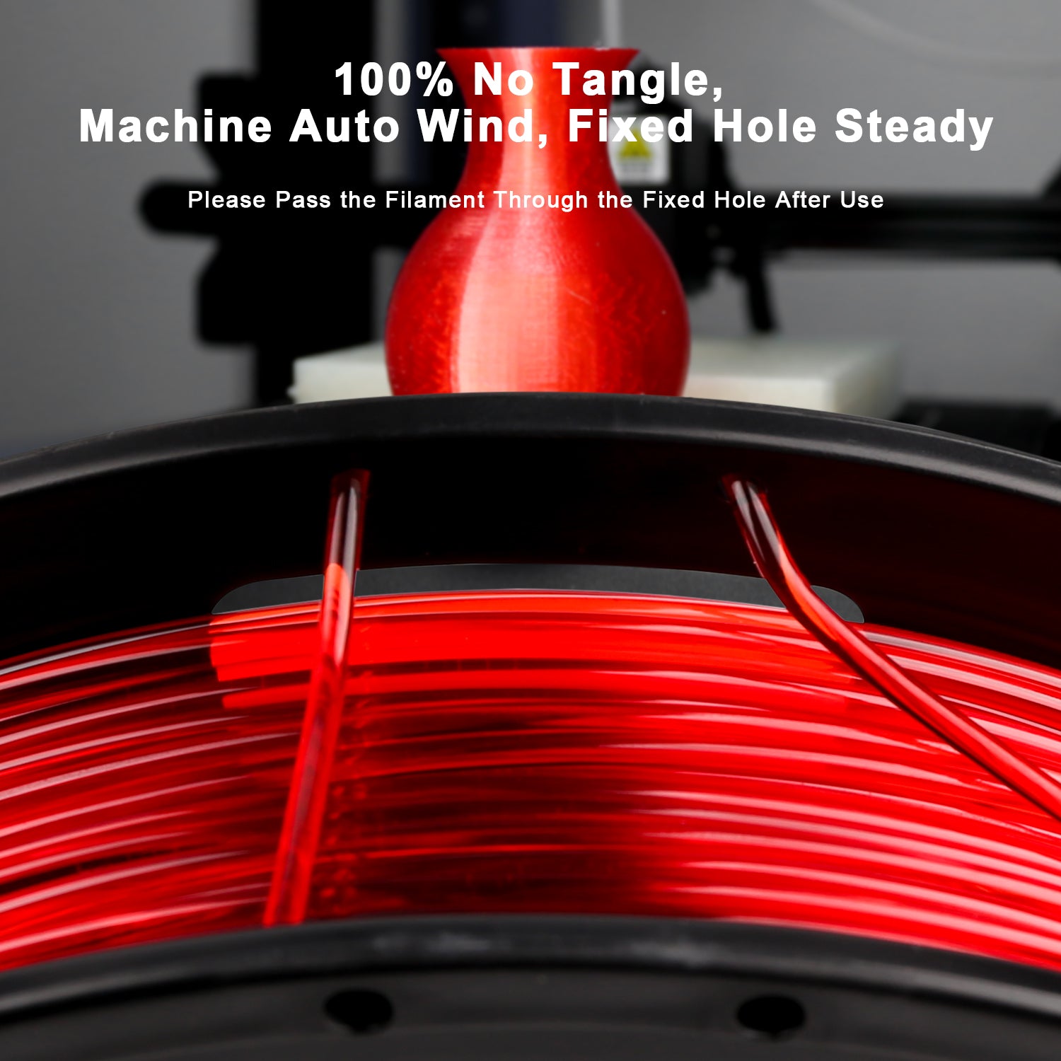 Red Amolen PETG filament spool with text highlighting tangle-free and machine-wind features.