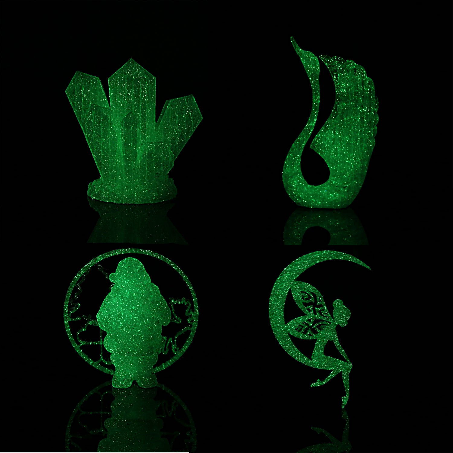 3D prints using Amolen PLA Glow in the Dark filament, demonstrating a vibrant green glow effect in various shapes.