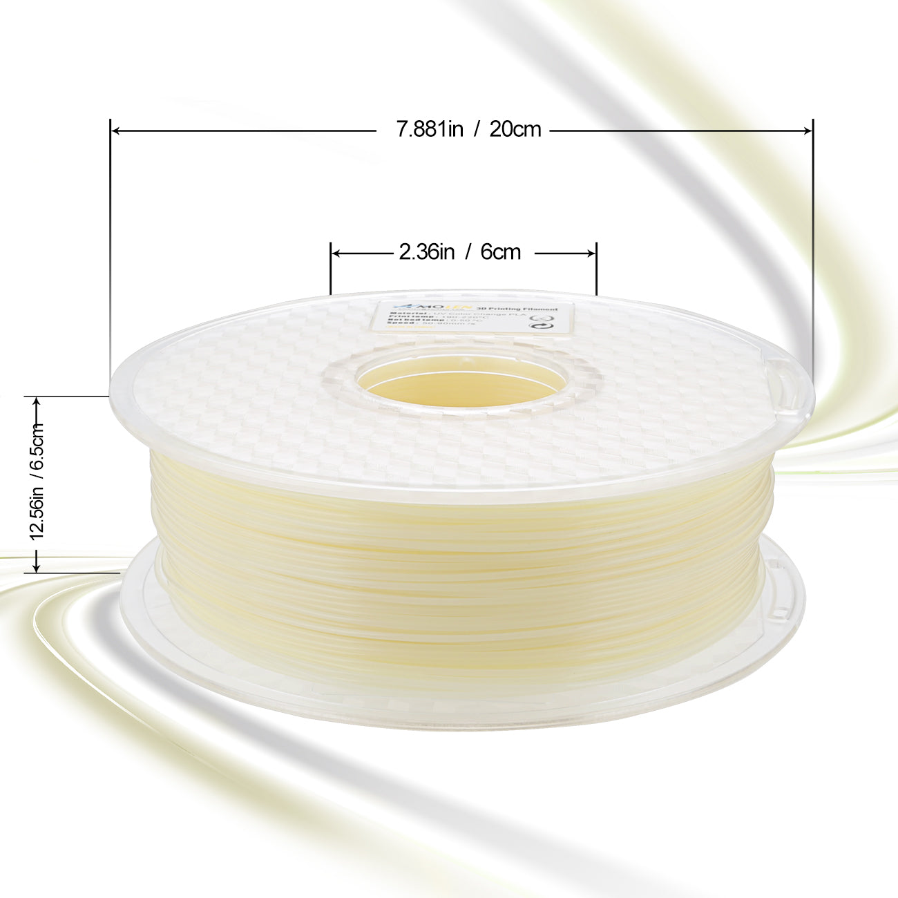 Amolen PLA UV color change filament spool, light yellow, with dimensional details for 3D printing.