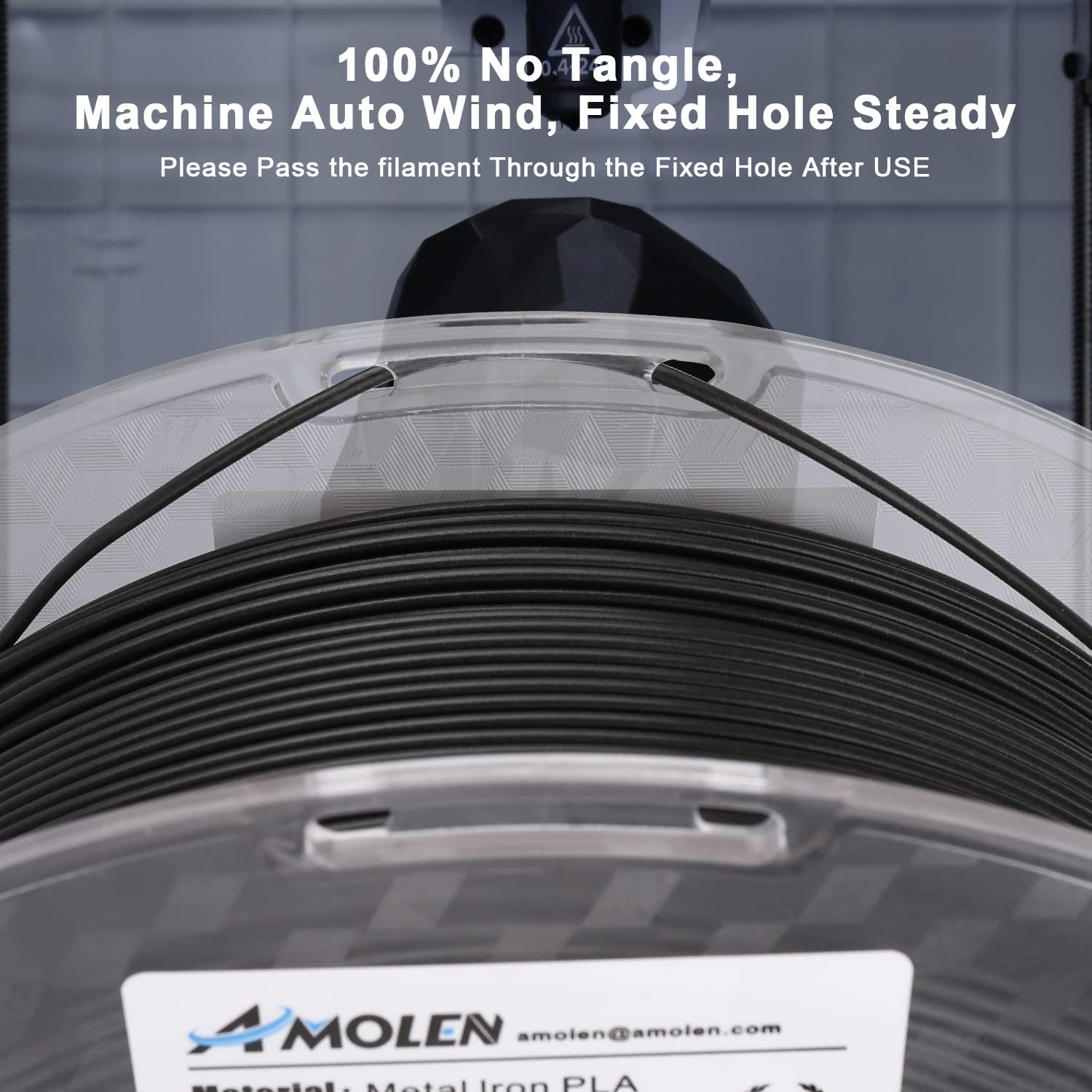 Amolen Metal Iron PLA 1.75mm filament spool, black color, for 3D printing with no tangle and auto-wind