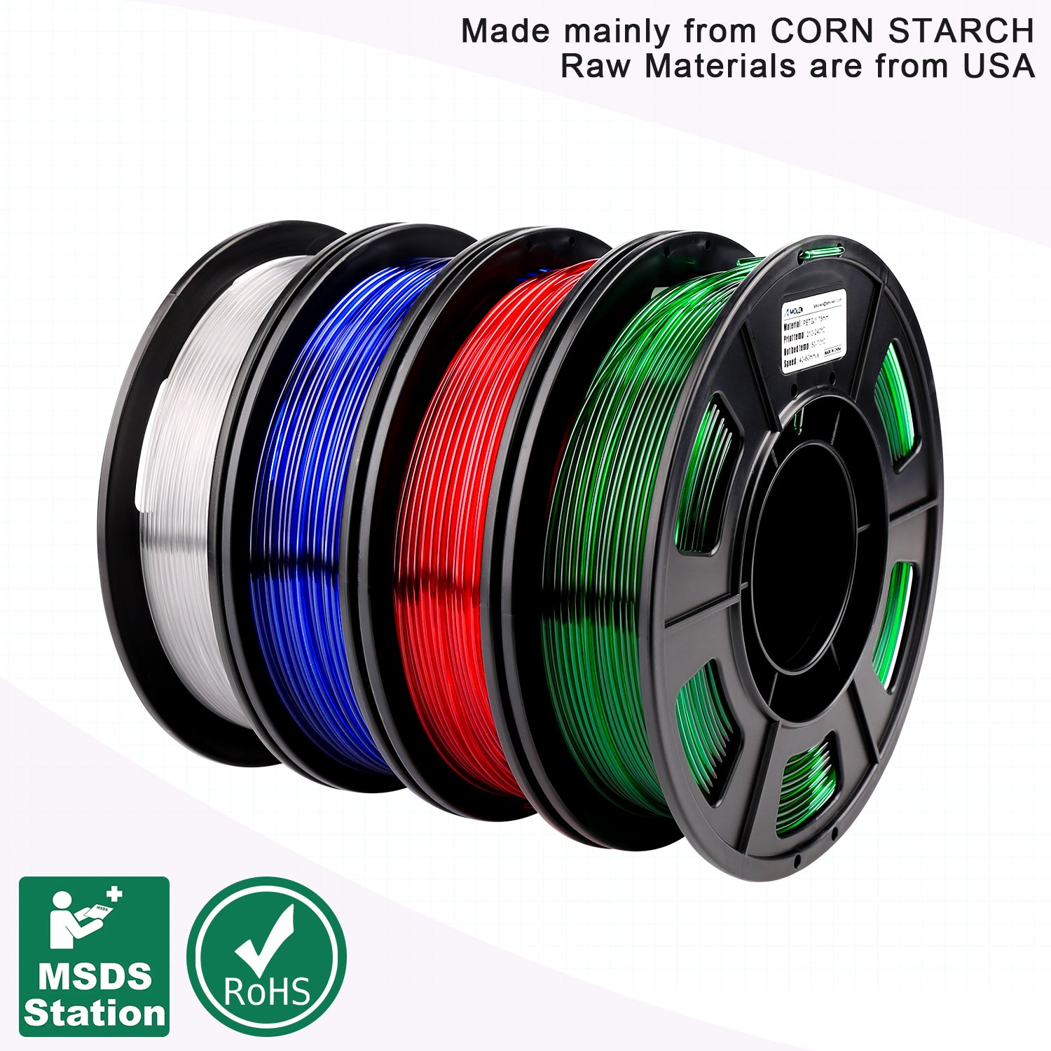 Amolen PETG Transparent Filament Variety Pack - Corn Starch based, USA raw materials, in white, blue, red, and green
