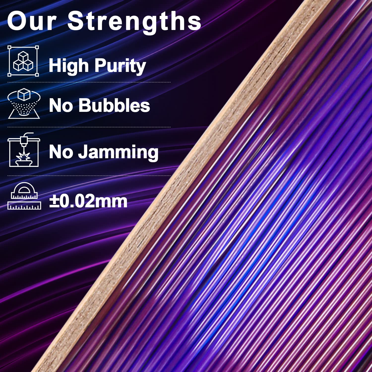 Amolen PLA Transparent Gradient filament strengths: high purity, no bubbles, no jamming, and precision to ±0.02mm.