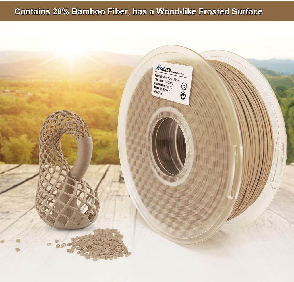 Amolen Wood PLA 1.75mm filament, showcasing a wood-like frosted surface, ideal for 3D printing with wood texture.