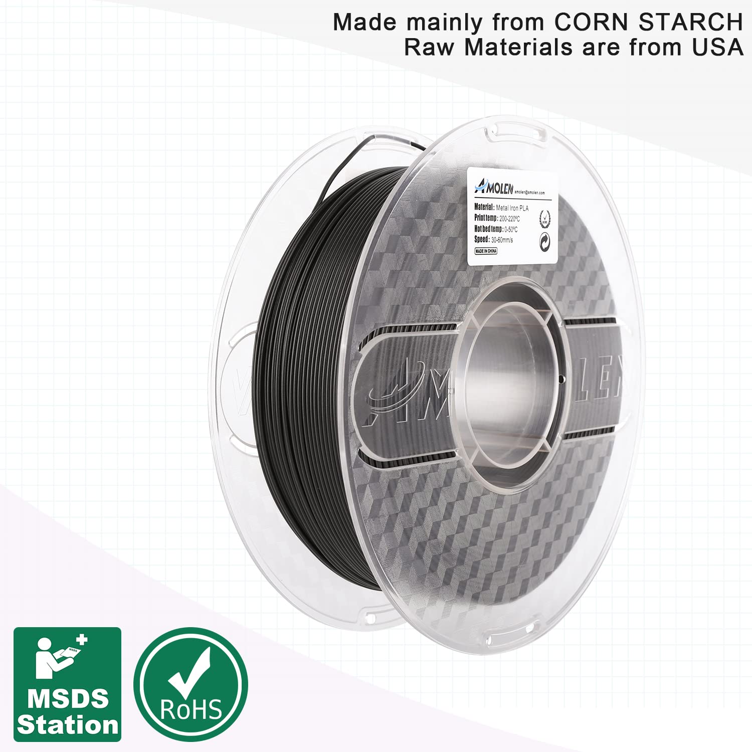 Amolen Metal Iron PLA 1.75mm filament spool - Black, eco-friendly, made from corn starch. RoHS certified, no bubbles.