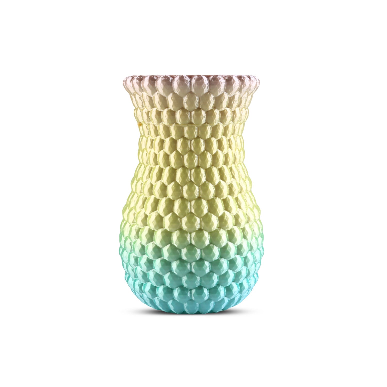 3D-printed vase with Amolen PLA Silk Rainbow filament, honeycomb texture, gradient colors, silk finish