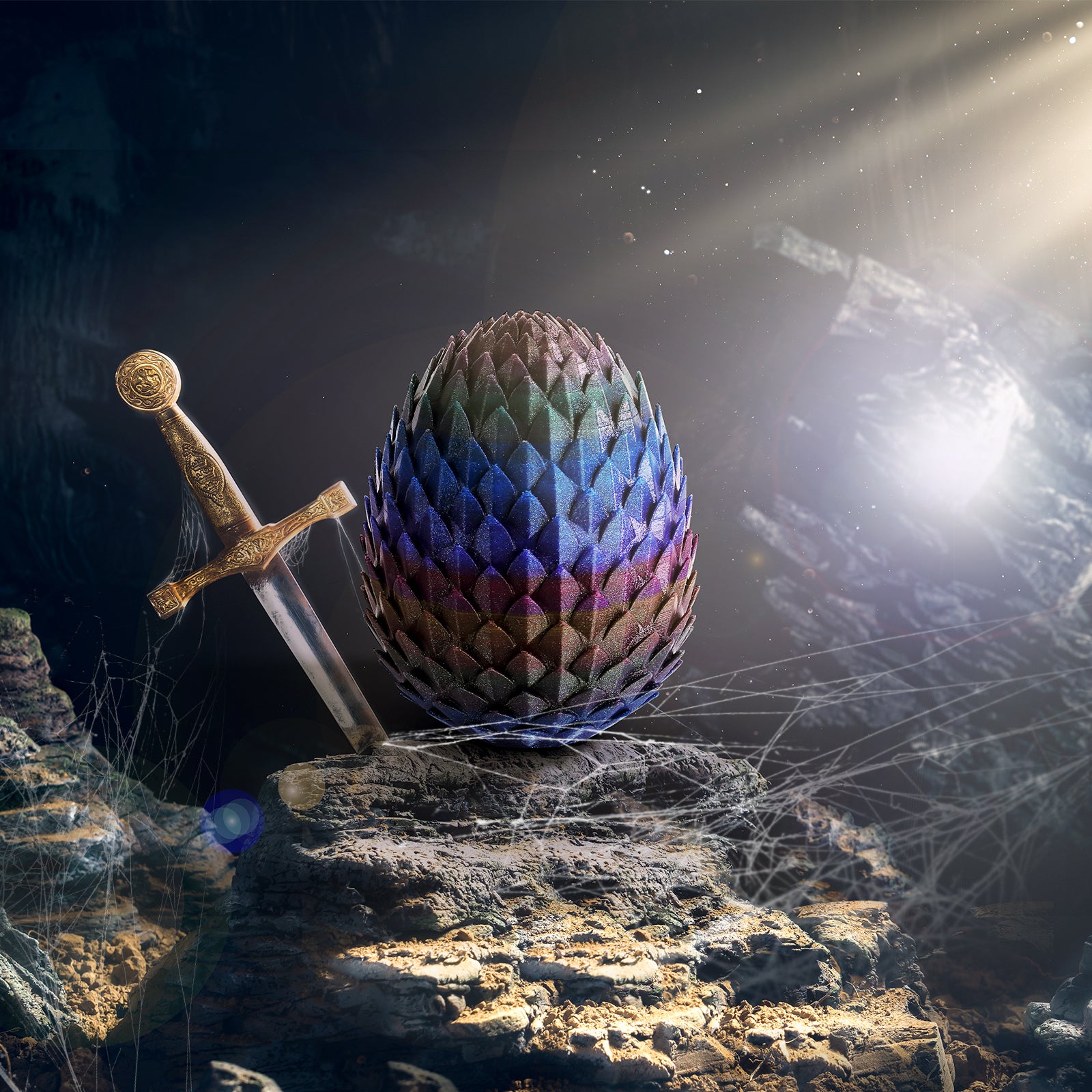 Amolen Galaxy 3D-printed egg, sparkly, color changing, with a golden sword, creative print, fantasy art