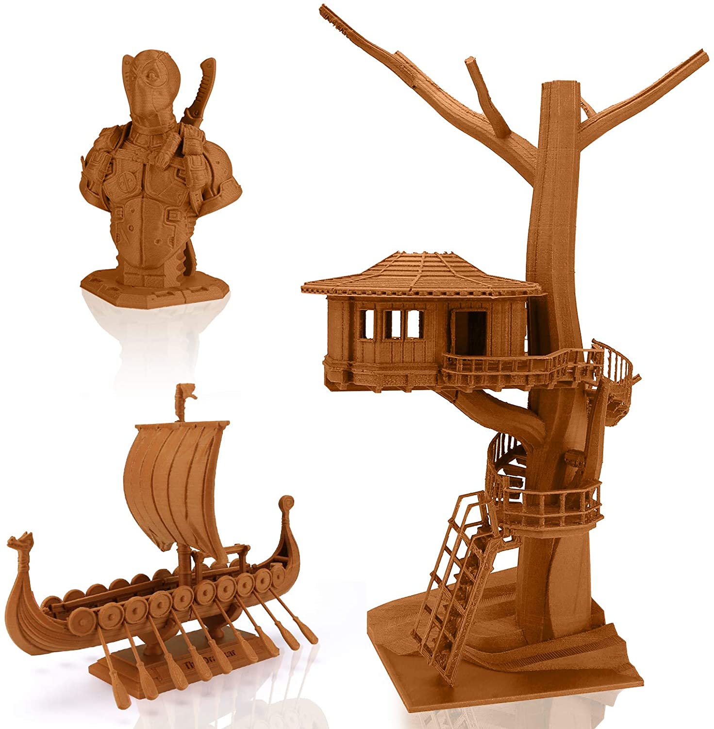 Amolen Wood PLA 3D prints: Deadpool bust, treehouse, and Viking ship models, wood-like texture, 1.75mm filament