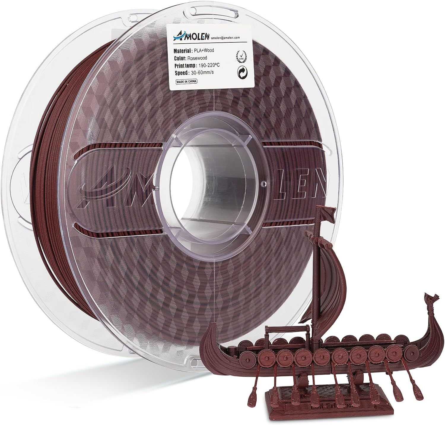 Amolen Rosewood Wood PLA filament spool with a 3D printed Viking ship model showcasing wood texture