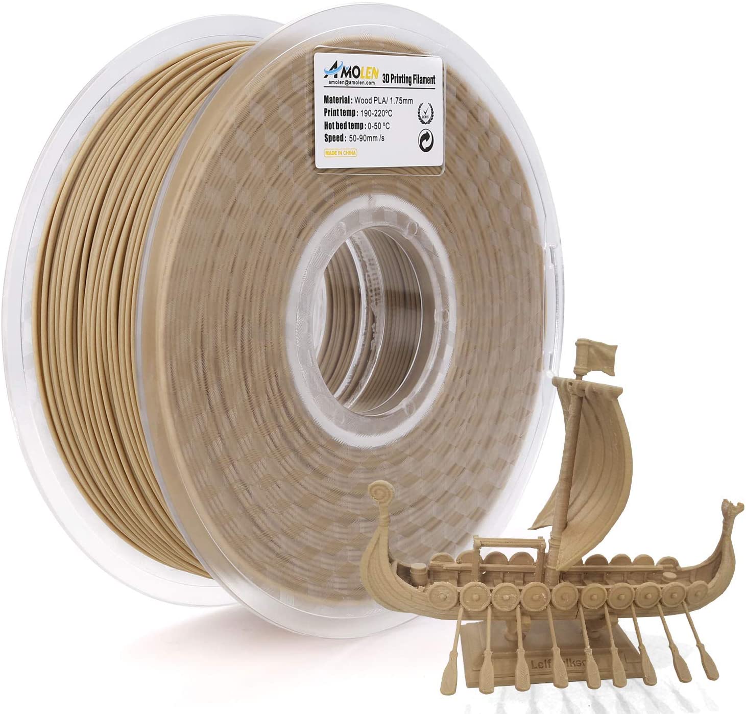 Amolen Wood PLA 1.75mm filament spool with 3D printed Viking ship model, showcasing wood-like texture and detail.