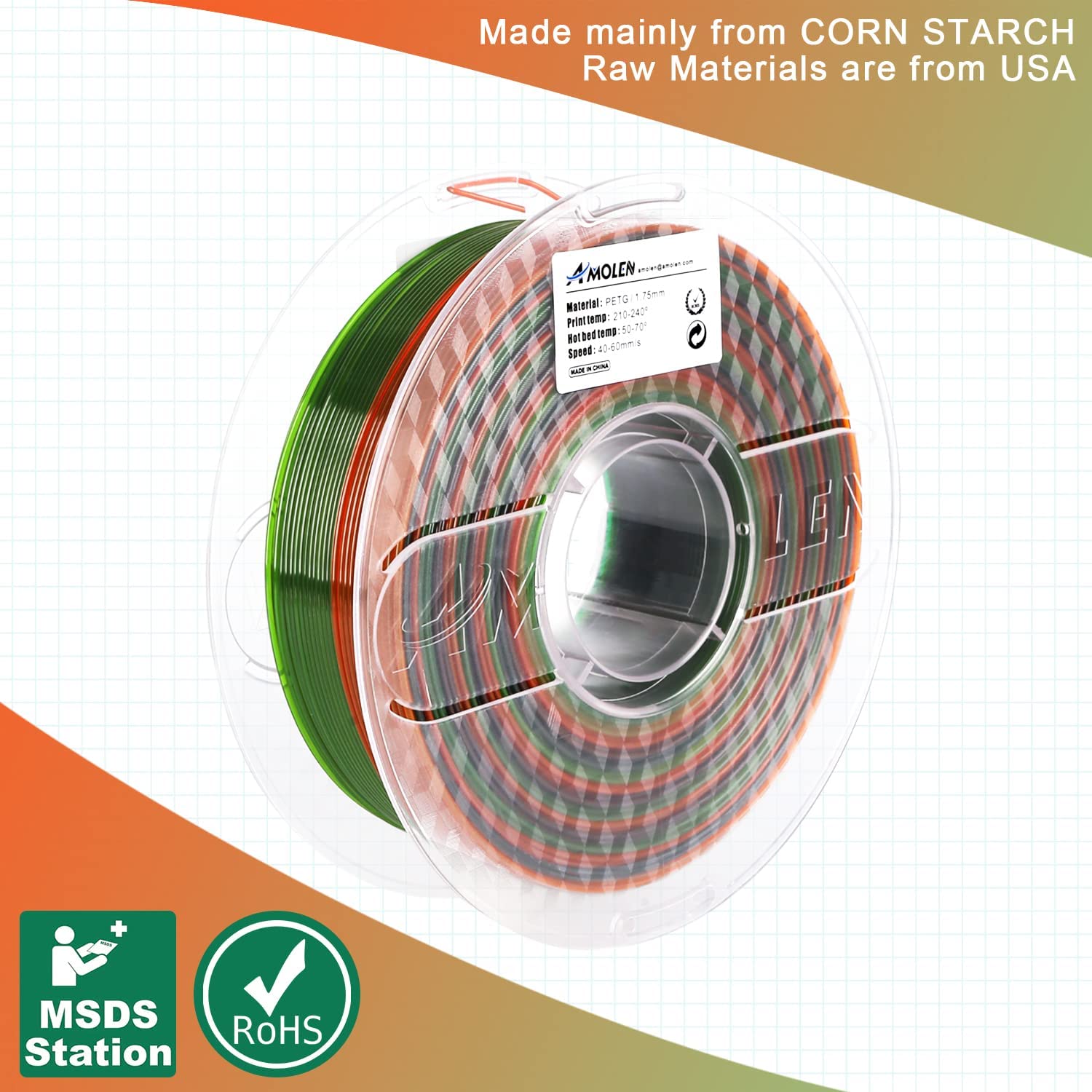 Amolen PETG Rainbow 1.75mm filament, gradient colors, made from corn starch, USA raw materials.