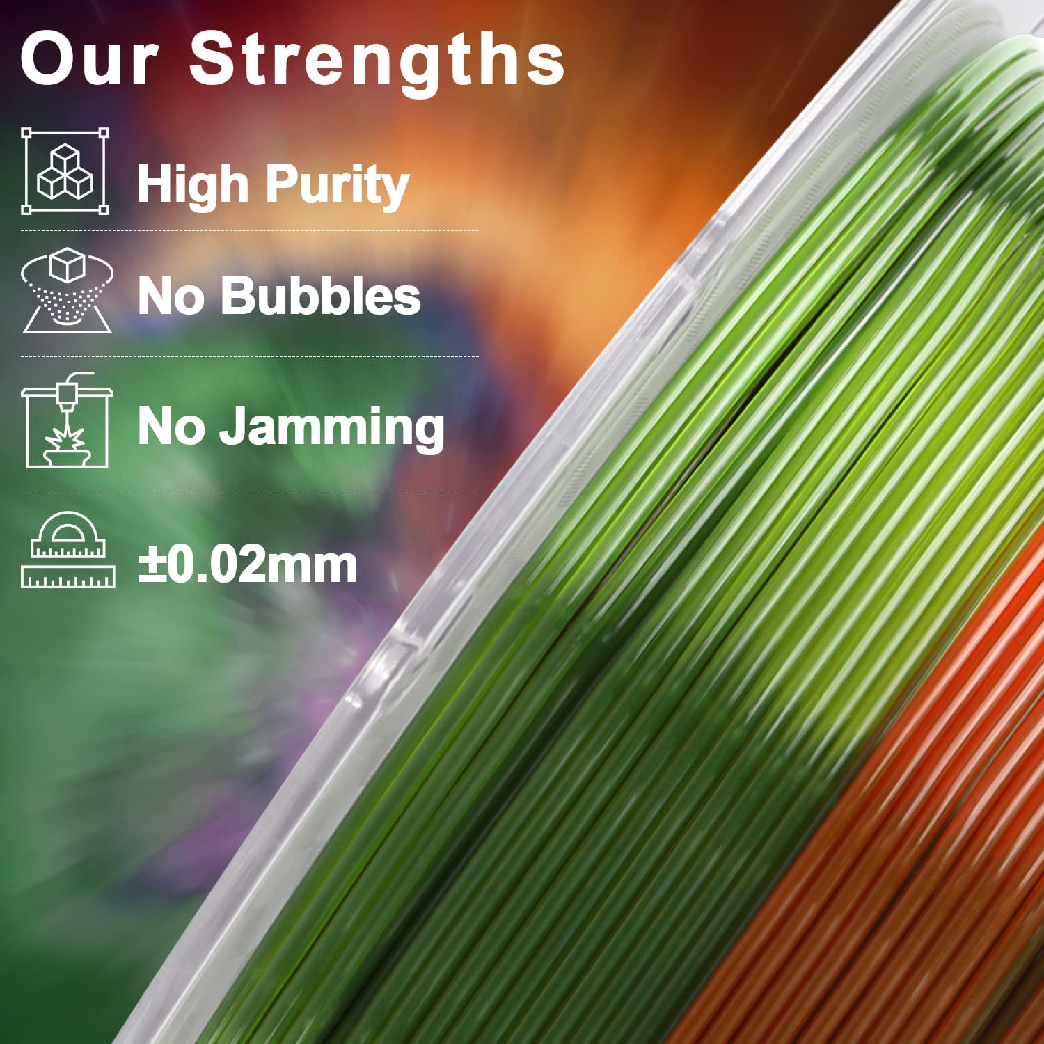 Amolen PETG Transparent Rainbow filament showcasing high purity, no bubbles, and no jamming for 3D printing