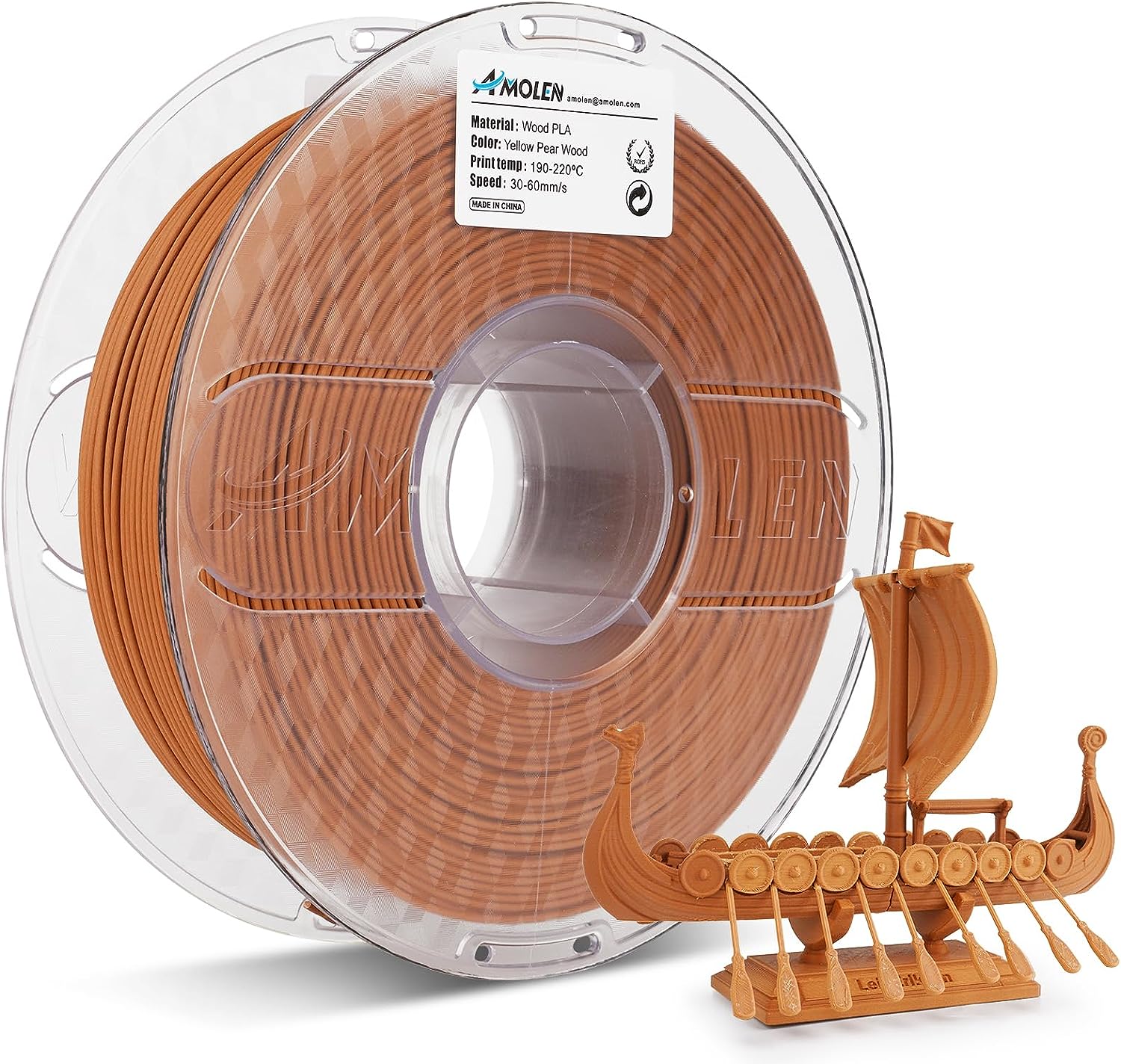 Amolen Wood PLA 1.75mm filament spool and 3D printed Viking ship model, Yellow Pear Wood color, wood texture.