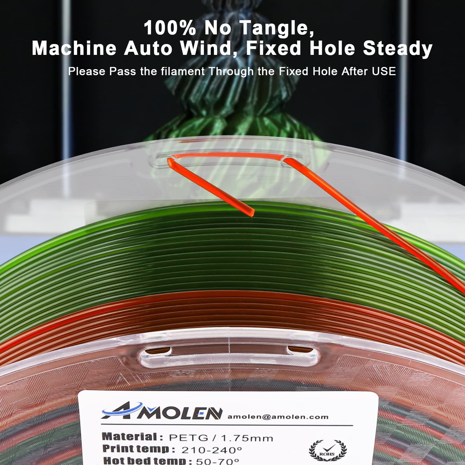 Amolen PETG Rainbow filament spool, 1.75mm, gradient colors, no tangle, machine auto wind for 3D printing