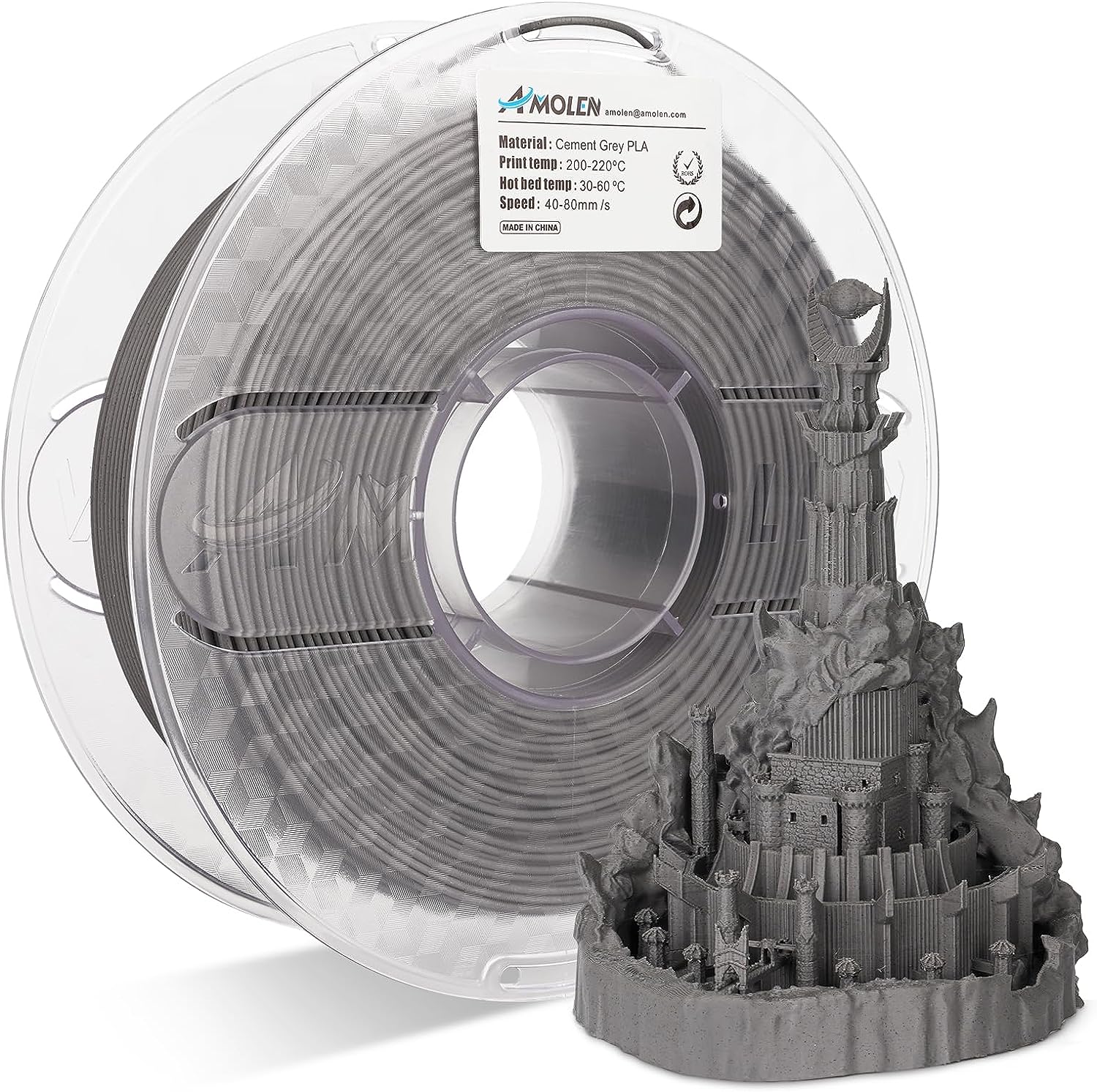 Amolen Cement Grey PLA filament spool and 3D-printed castle model, ideal for 3D printing, with marble texture