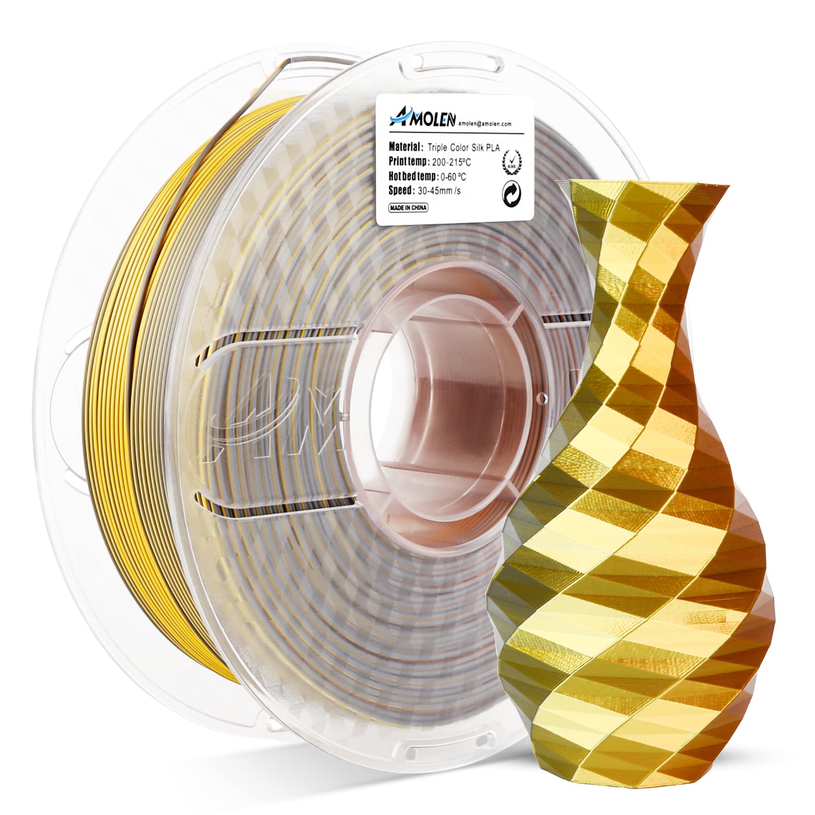 Amolen Triple Color Silk PLA filament spool and 3D printed vase showing color change effect for 3D printing