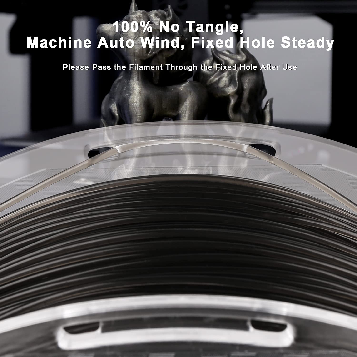 Amolen PLA filament spool, no tangle, with fixed hole, ideal for 3D printing, black material.