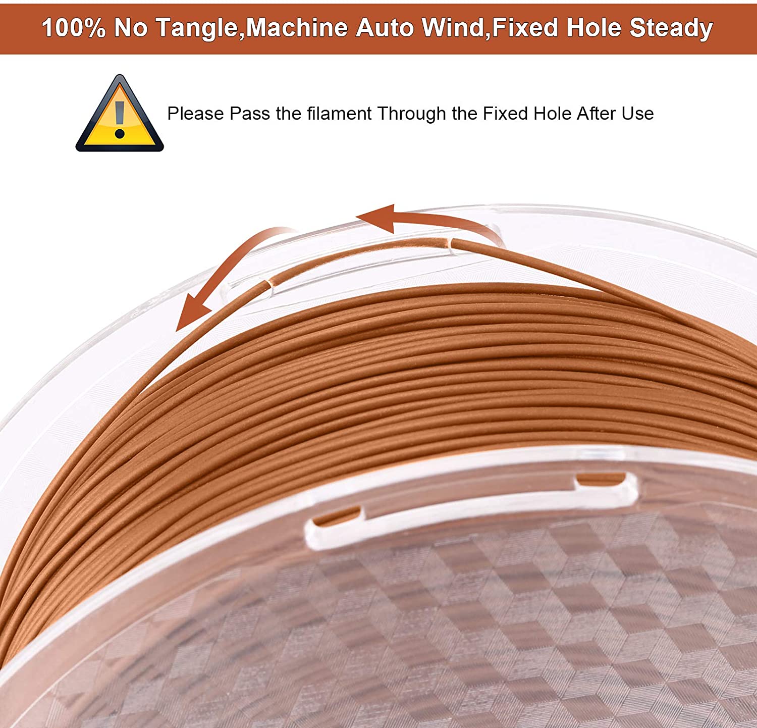 Amolen Wood PLA 1.75mm filament spool, brown, tangle-free design, wood texture, and auto-wind mechanism.