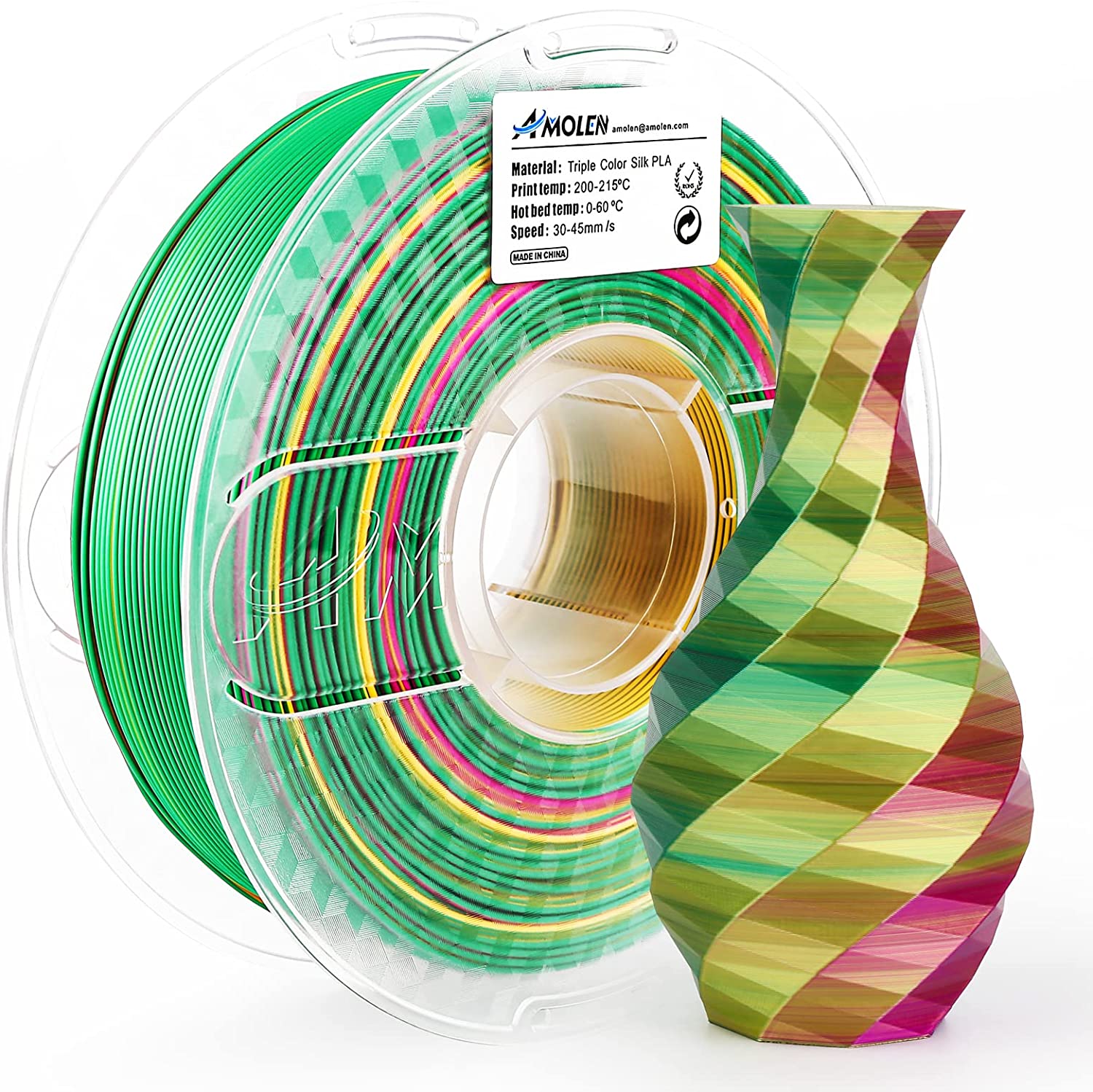 Amolen Silk Triple Color PLA filament spool and 3D printed vase, showing a color-changing effect for 3D printing projects.