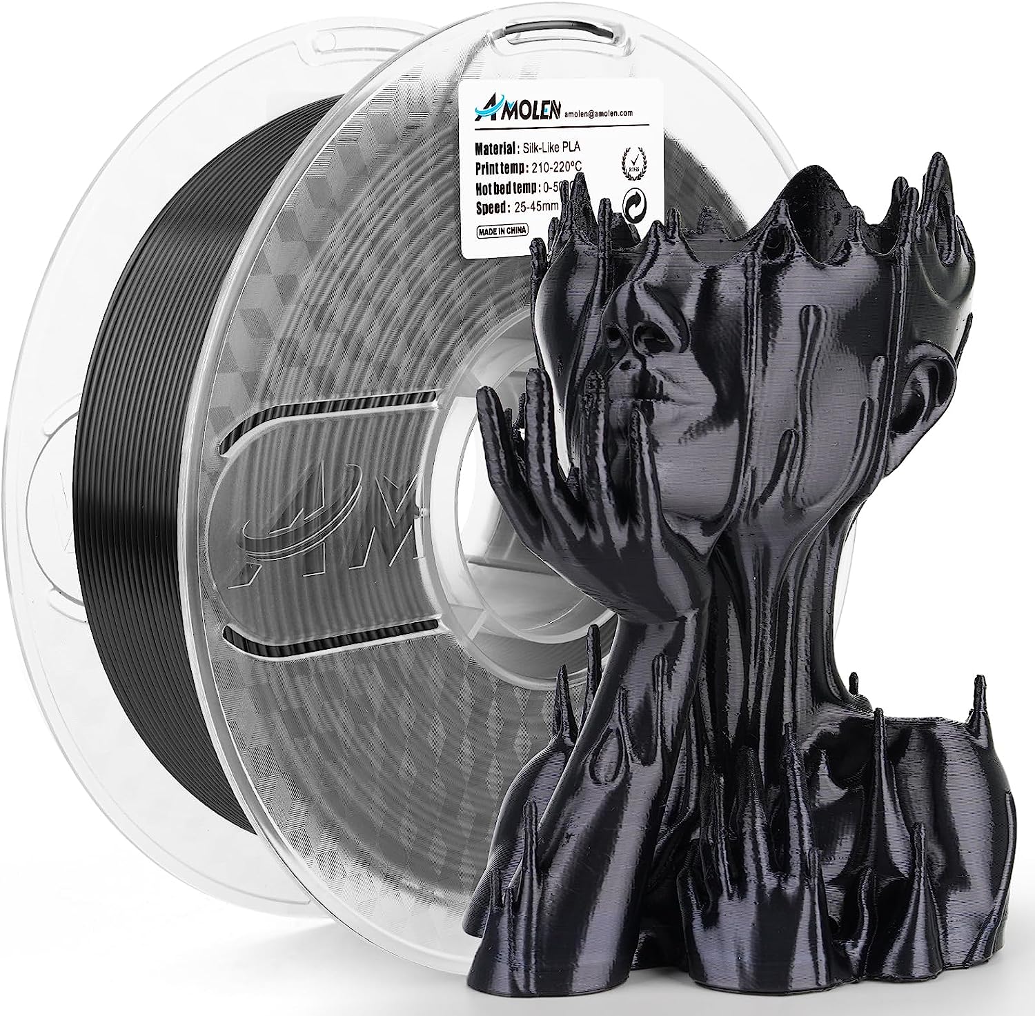 Amolen Silk-Like PLA filament with 3D printed sculpture, smooth shiny finish, black color, for 3D printing projects.