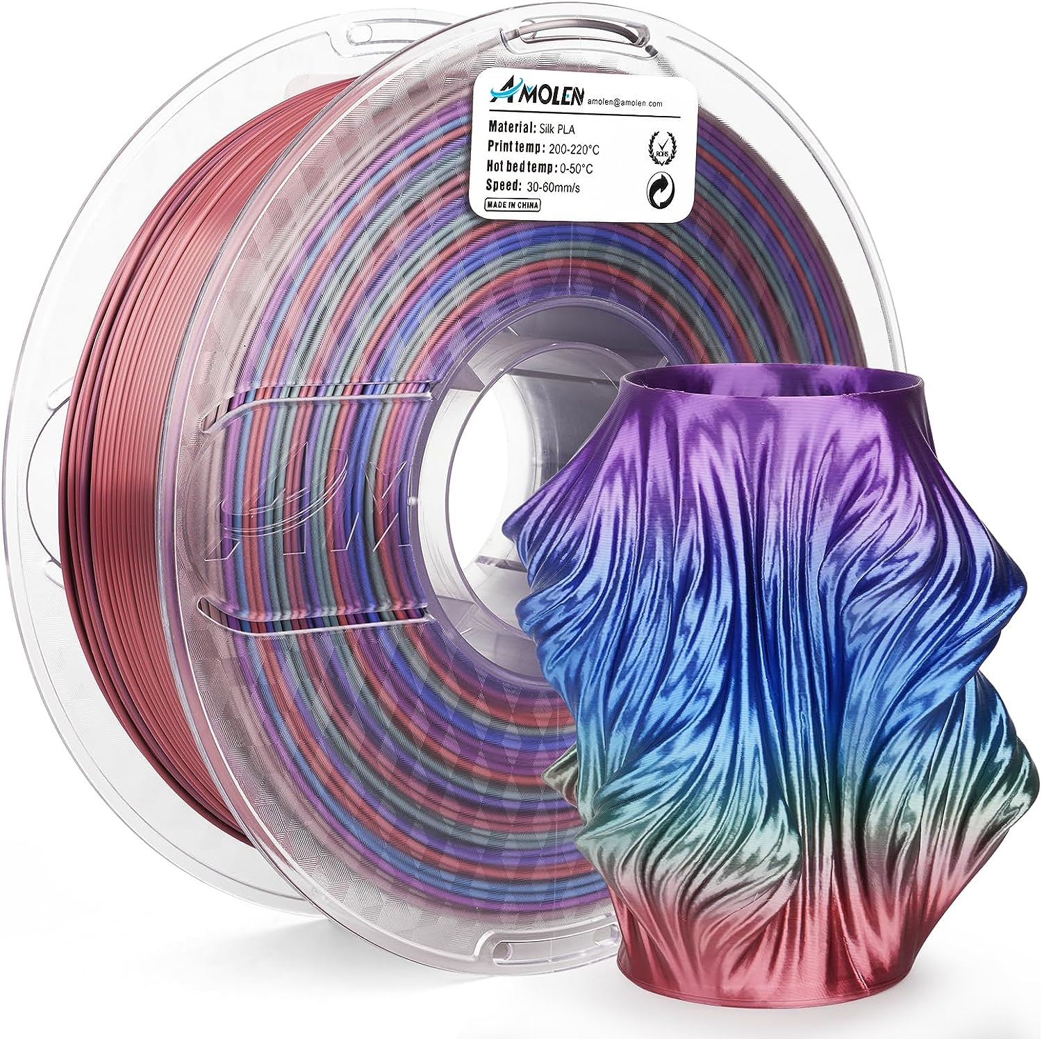 Amolen PLA Silk Rainbow filament spool with silk finish and 3D printed model, 1.75mm, rainbow colors