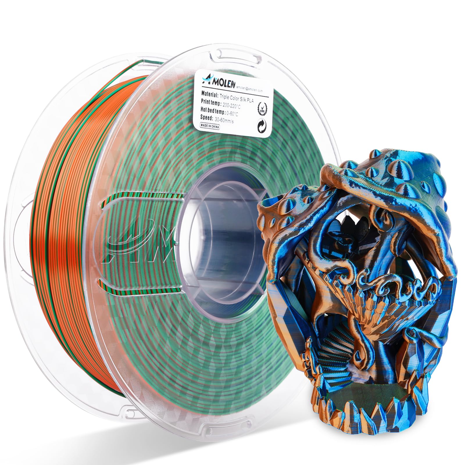 Amolen Triple Color Silk PLA filament spool next to a 3D printed model, showing color changing effect