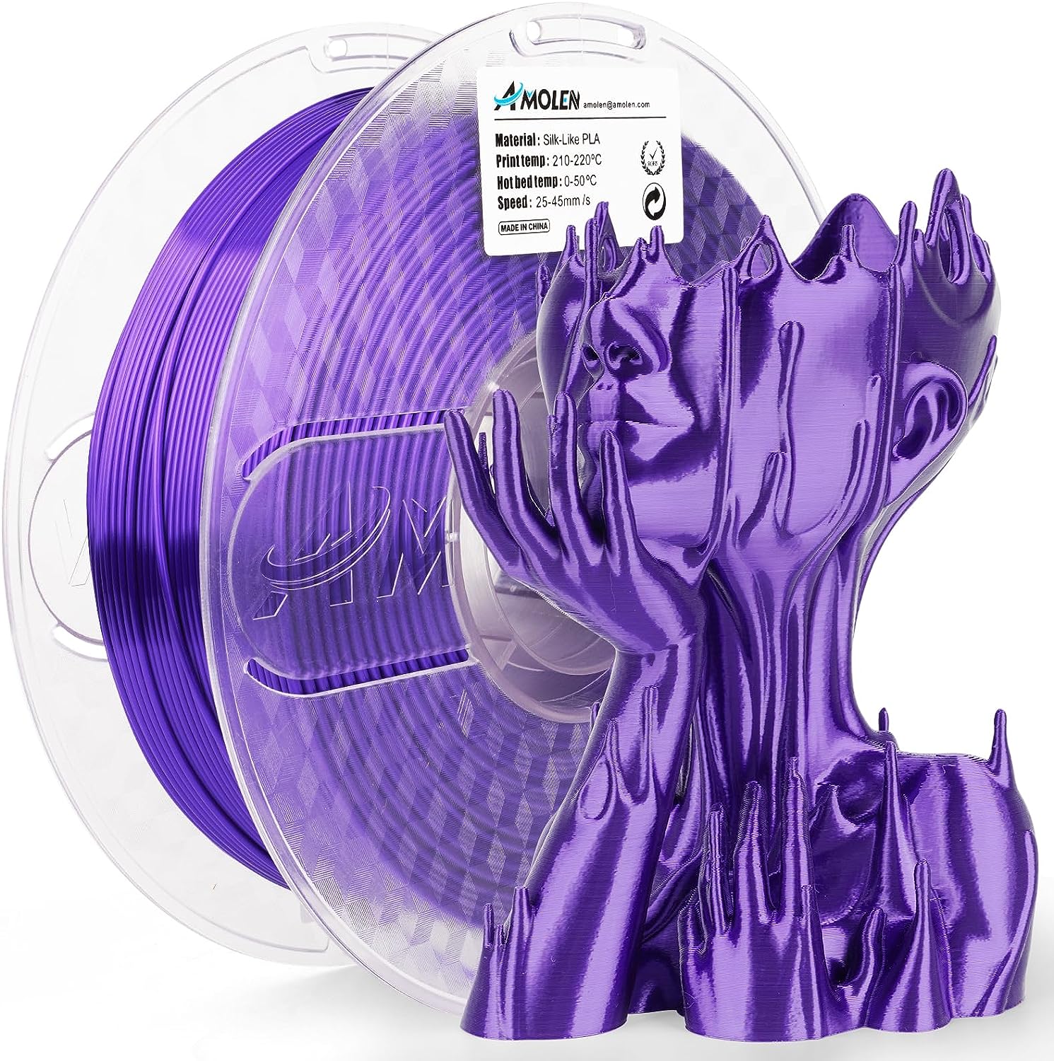 Amolen Purple Silk-Like PLA filament with 3D printed sculpture. Shiny smooth finish. For high-speed 3D printing projects.