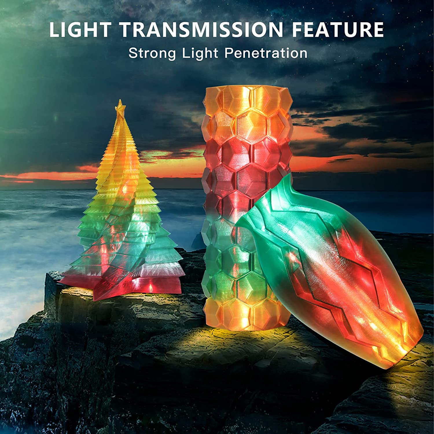 Amolen PLA Transparent Gradient filament models showcasing light transmission and color gradients for 3D printing