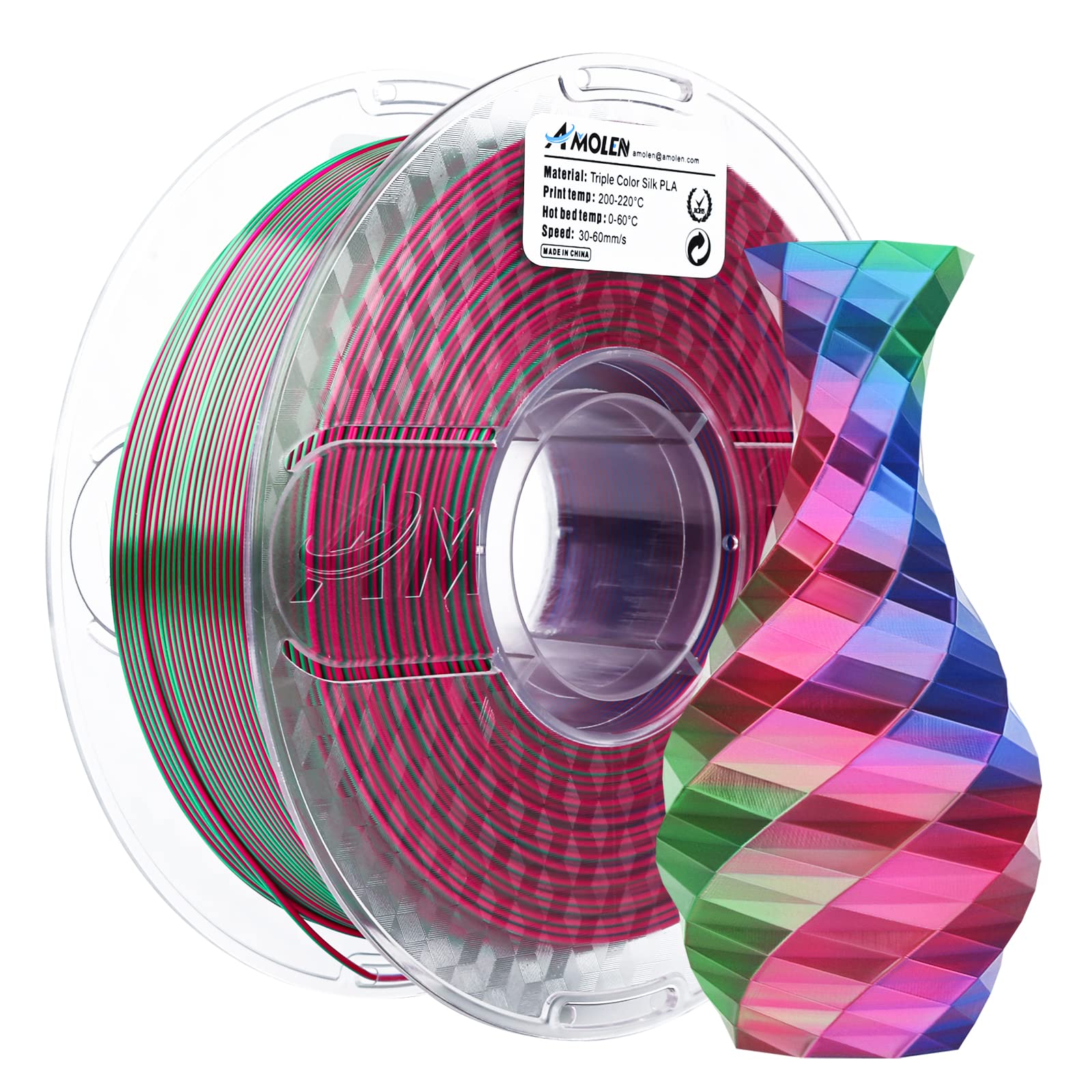 Amolen Silk Triple Color PLA filament spool with 3D printed vase, showcasing 3-color changing effect for 3D printing.
