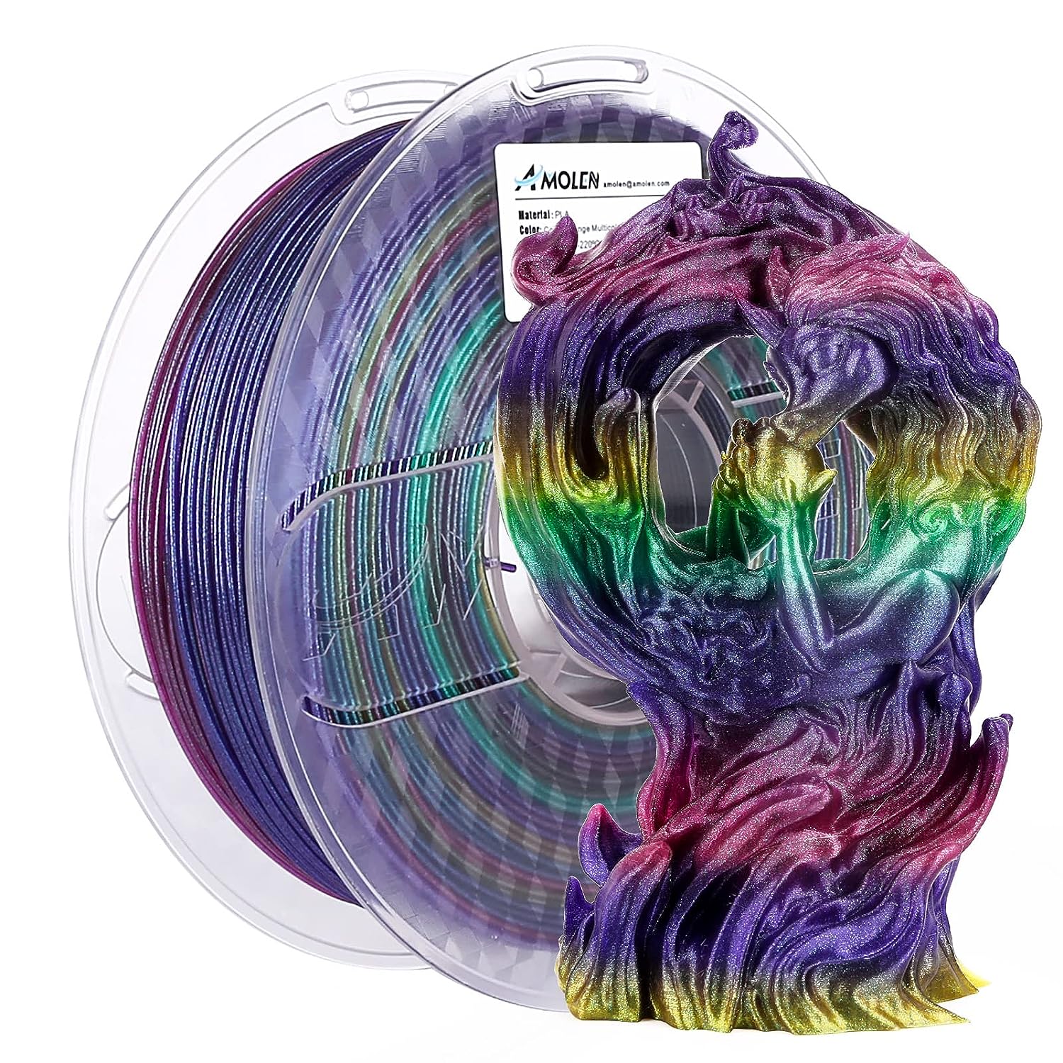 Amolen PLA Galaxy Multicolor Filament and 3D-Printed Figurine, Sparkly Color Changing