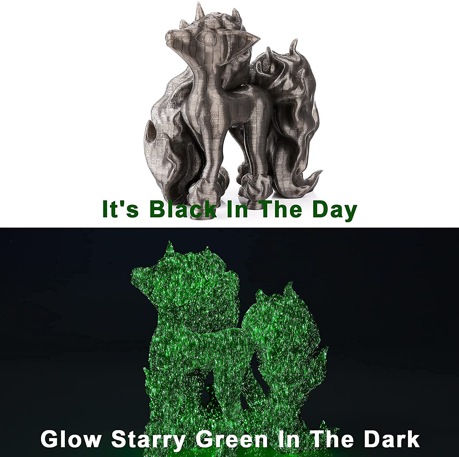 Amolen PLA Glow in the Dark unicorn, showcasing day/night glow effect. Green starry appearance after charging.