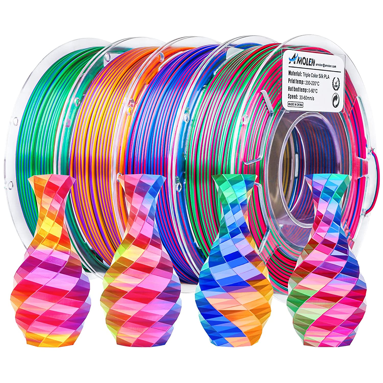 Amolen Triple Color Silk PLA filament, vibrant colors and smooth finish, ideal for 3D printing.