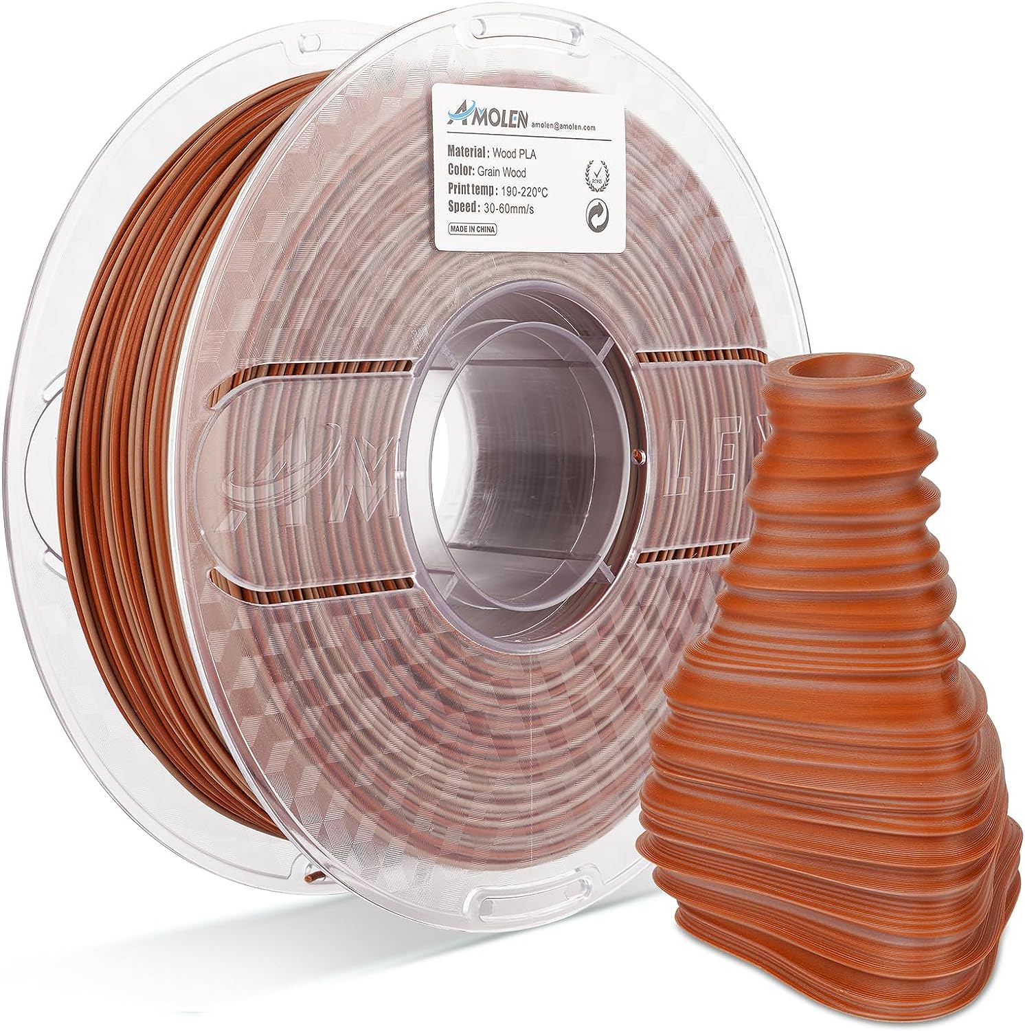 Amolen Wood PLA 1.75mm filament spool, Grain Wood color, and 3D-printed object showcasing wood texture