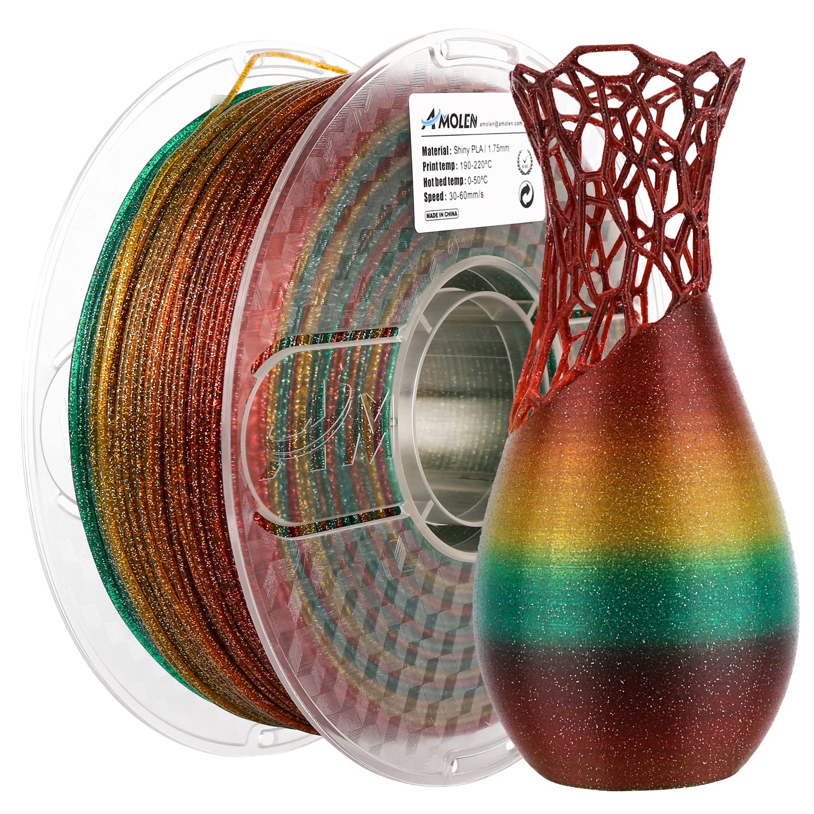 Amolen Shiny PLA 1.75mm filament spool and 3D-printed vase, color changing, sparkly material, high-speed printing