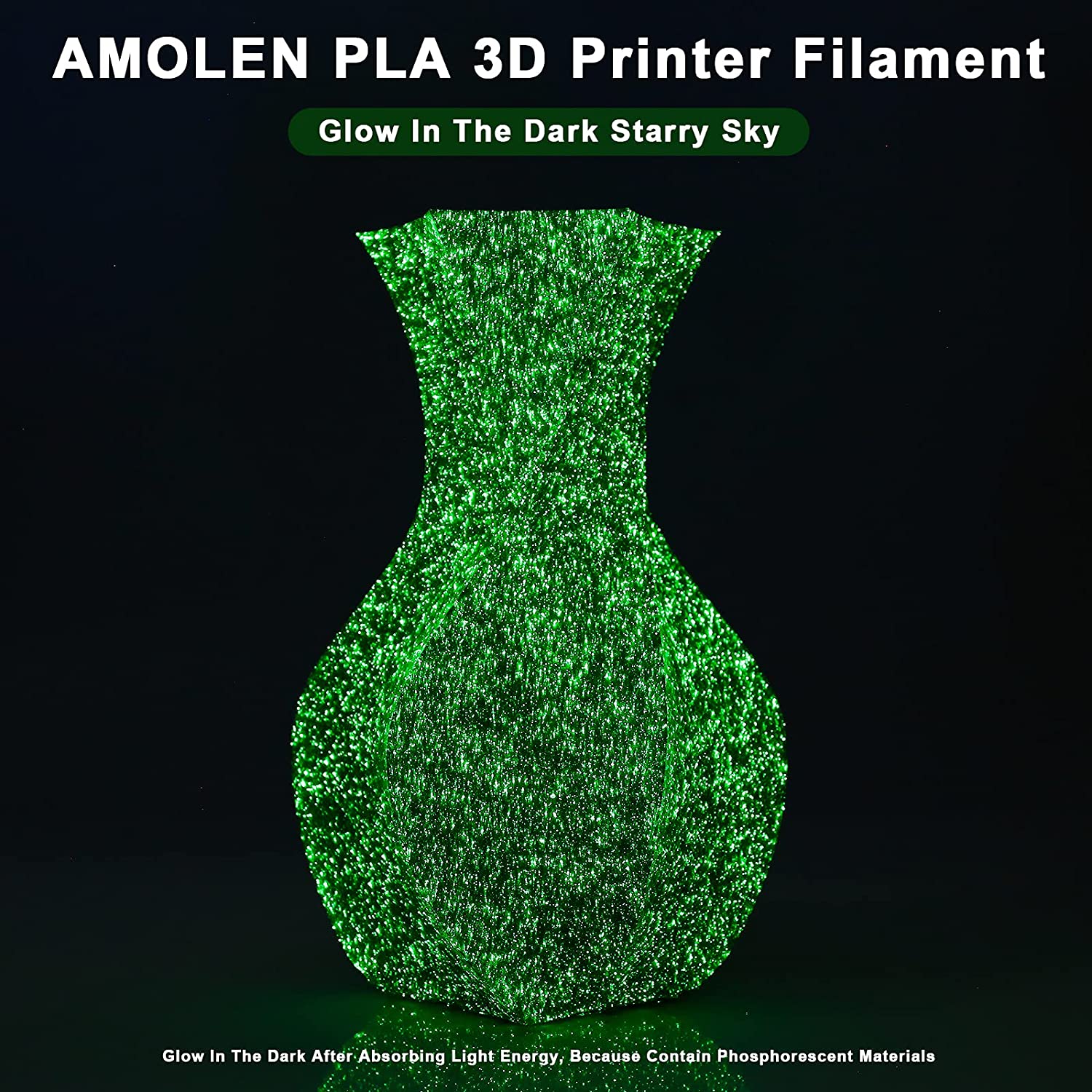 Amolen PLA Glow in the Dark filament 3D print in green, glowing after absorbing light, showcasing starry sky effect